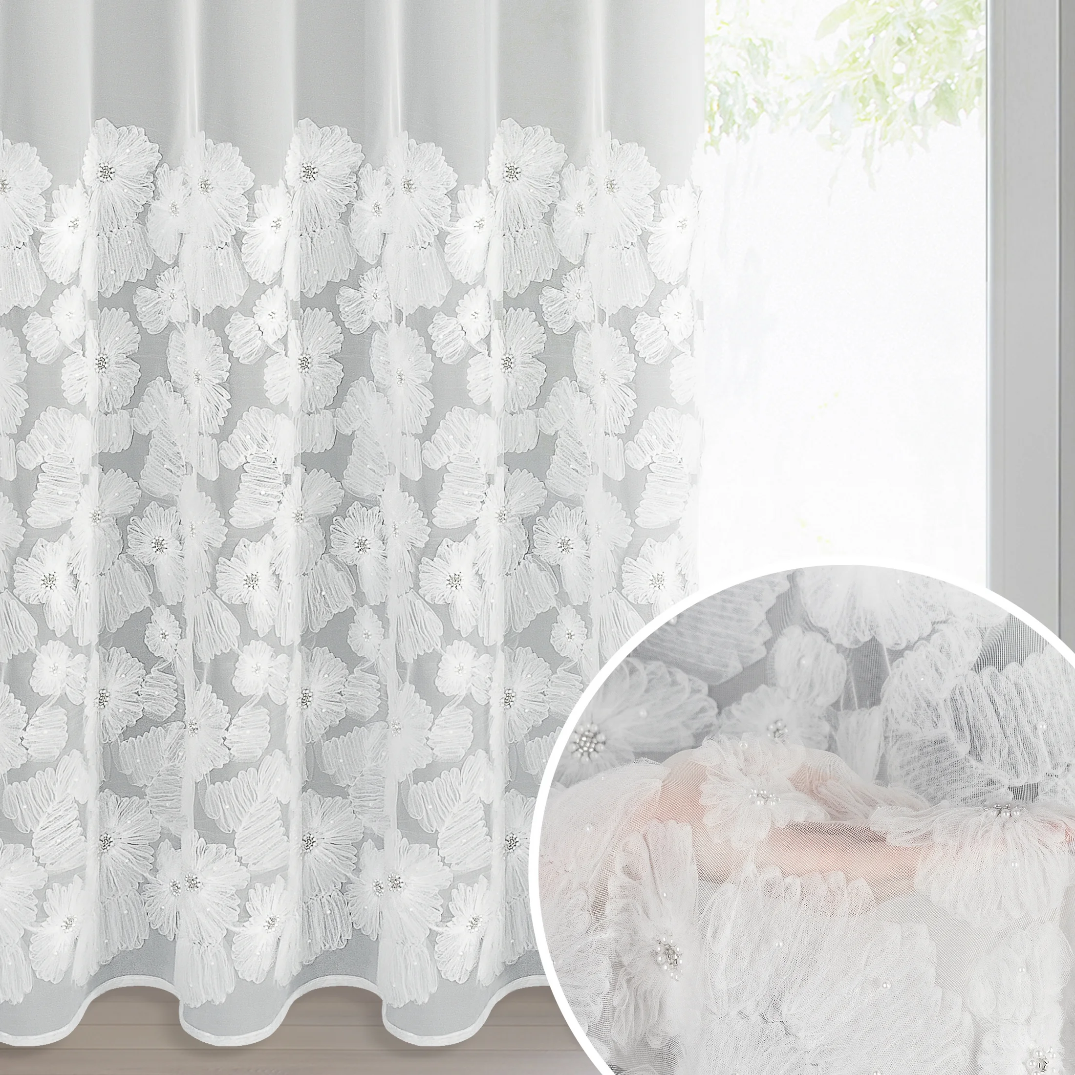 Firana biała z siateczki zdobiona kwiatami z dodatkiem drobnych perełek 3D 140x250 cm przelotka - JASMIN 2 Eva Minge | eurofirany