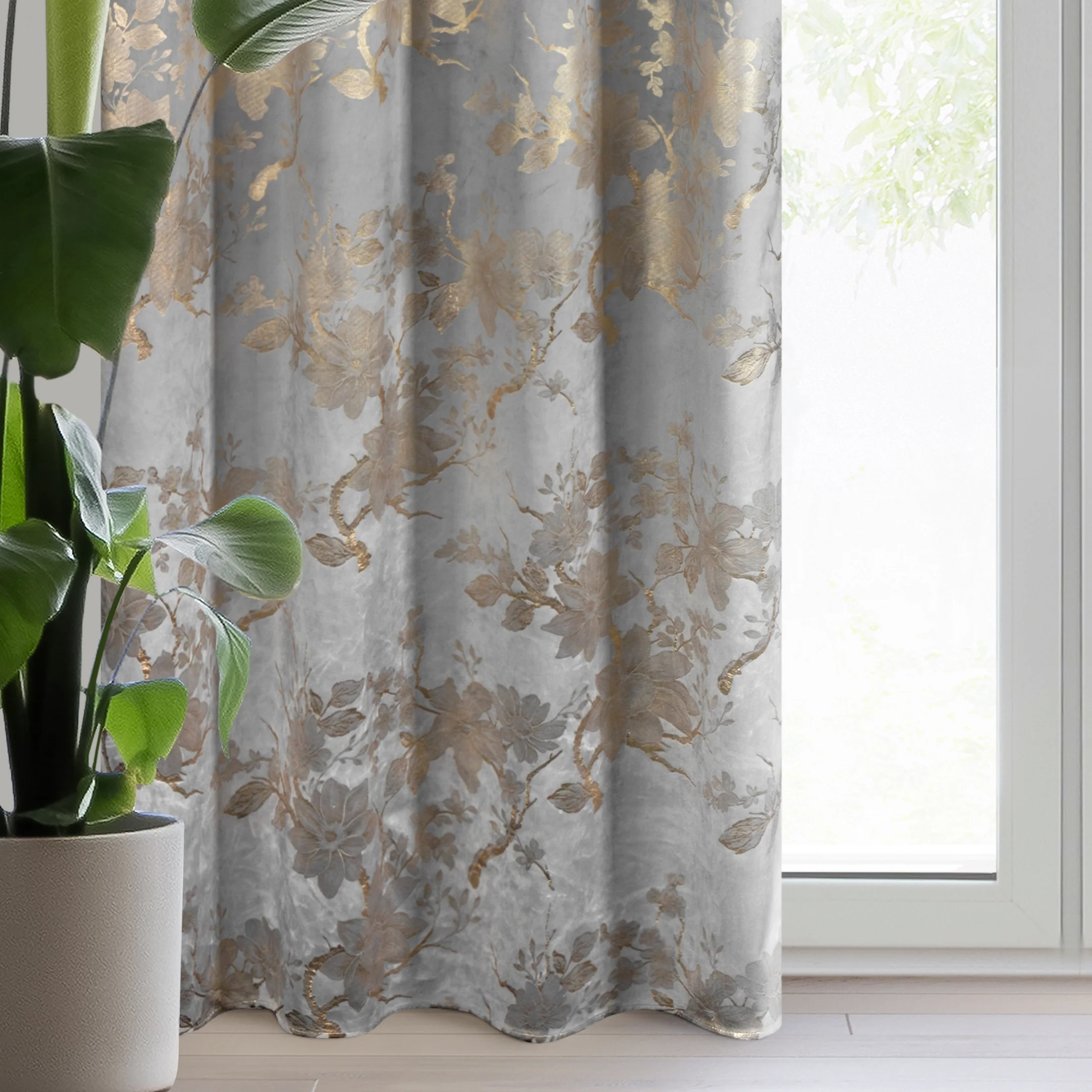 Zasłona stalowo, szampańska zdobiona nadrukiem błyszczących kwiatów 140x250 cm przelotka - CELIA | eurofirany