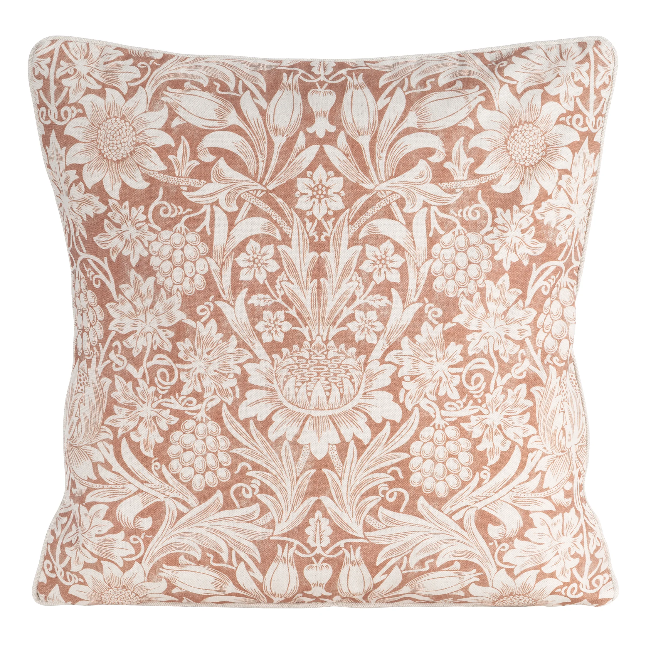 Poszewka na poduszkę 50x50 cm bawełniana z dodatkiem lnu zdobiona nadrukiem roślinnym ciemnobeżowo, kremowa LEN | eurofirany