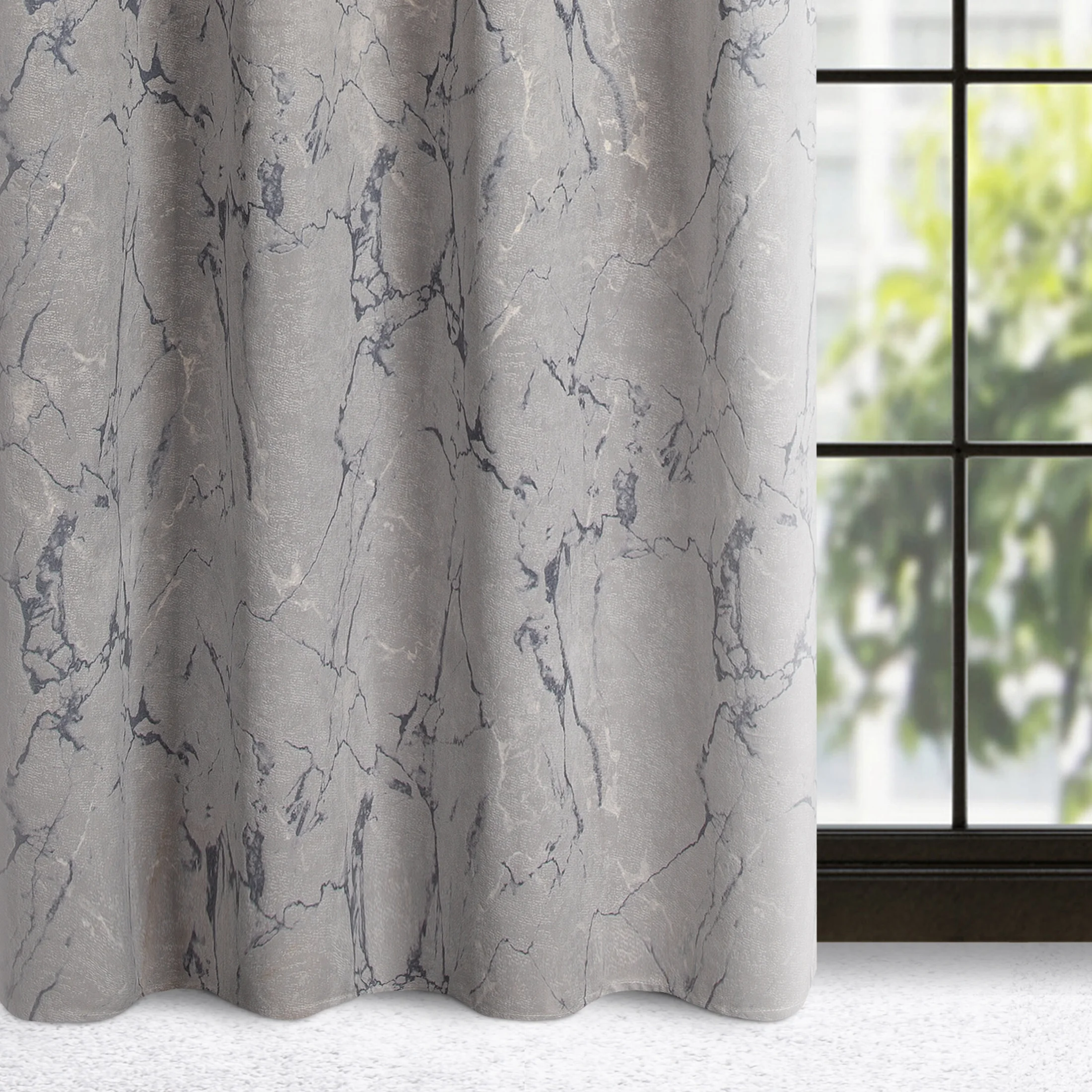 Zasłona beżowo, grafitowa z marmurkowym wzorem, welwetowa 140x250 cm przelotka - WERA | eurofirany