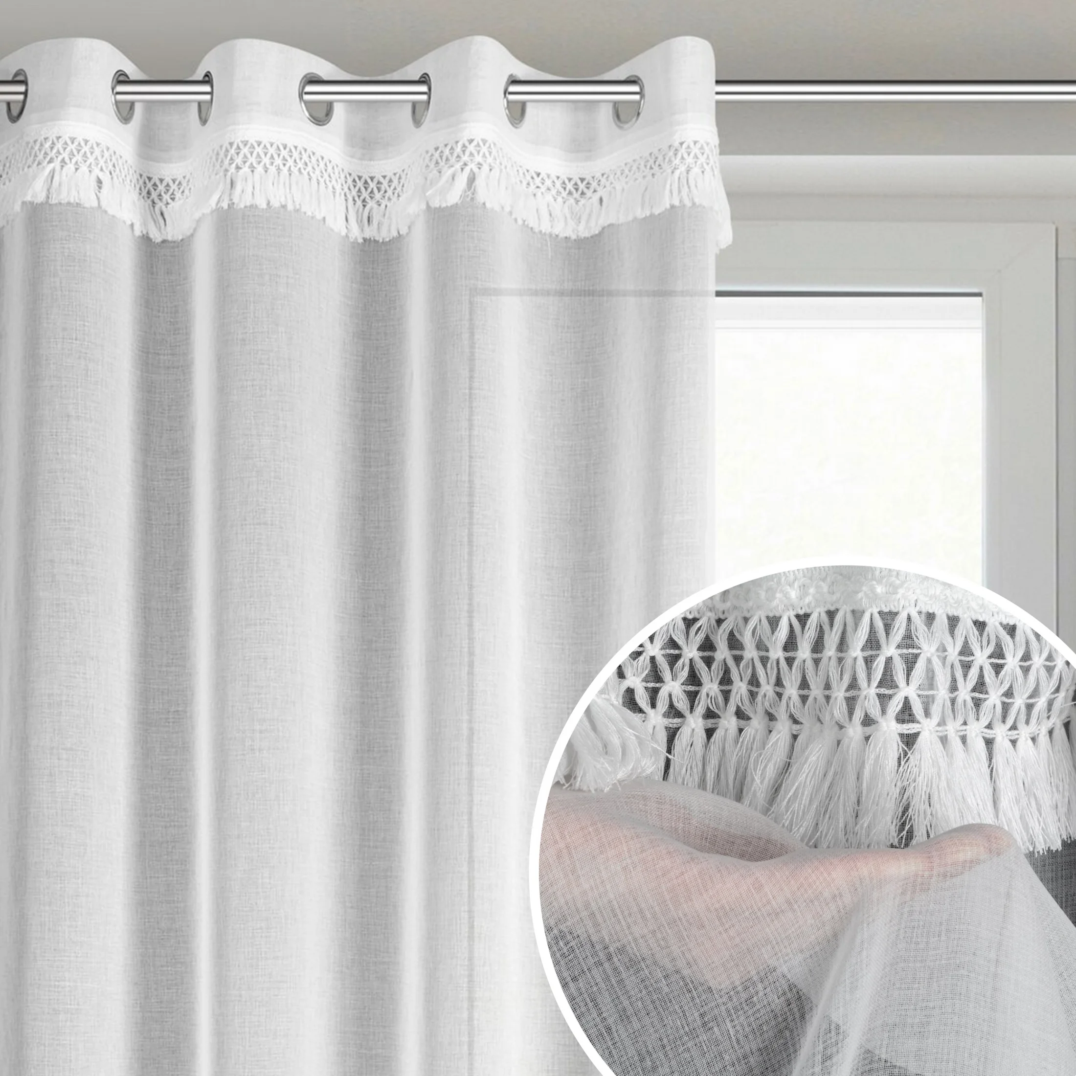 Firana biała z etaminy zdobiona subtelnym pasem frędzli w stylu eko 140x250 cm przelotka KIRA 1 | eurofirany