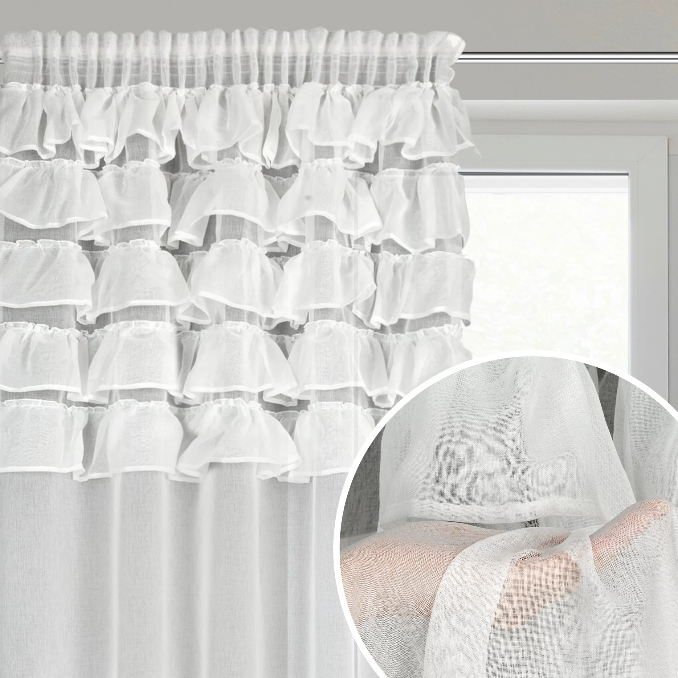 Firana biała z etaminy zdobiona w górnej części falbanami 140x270 cm taśma AURA | eurofirany