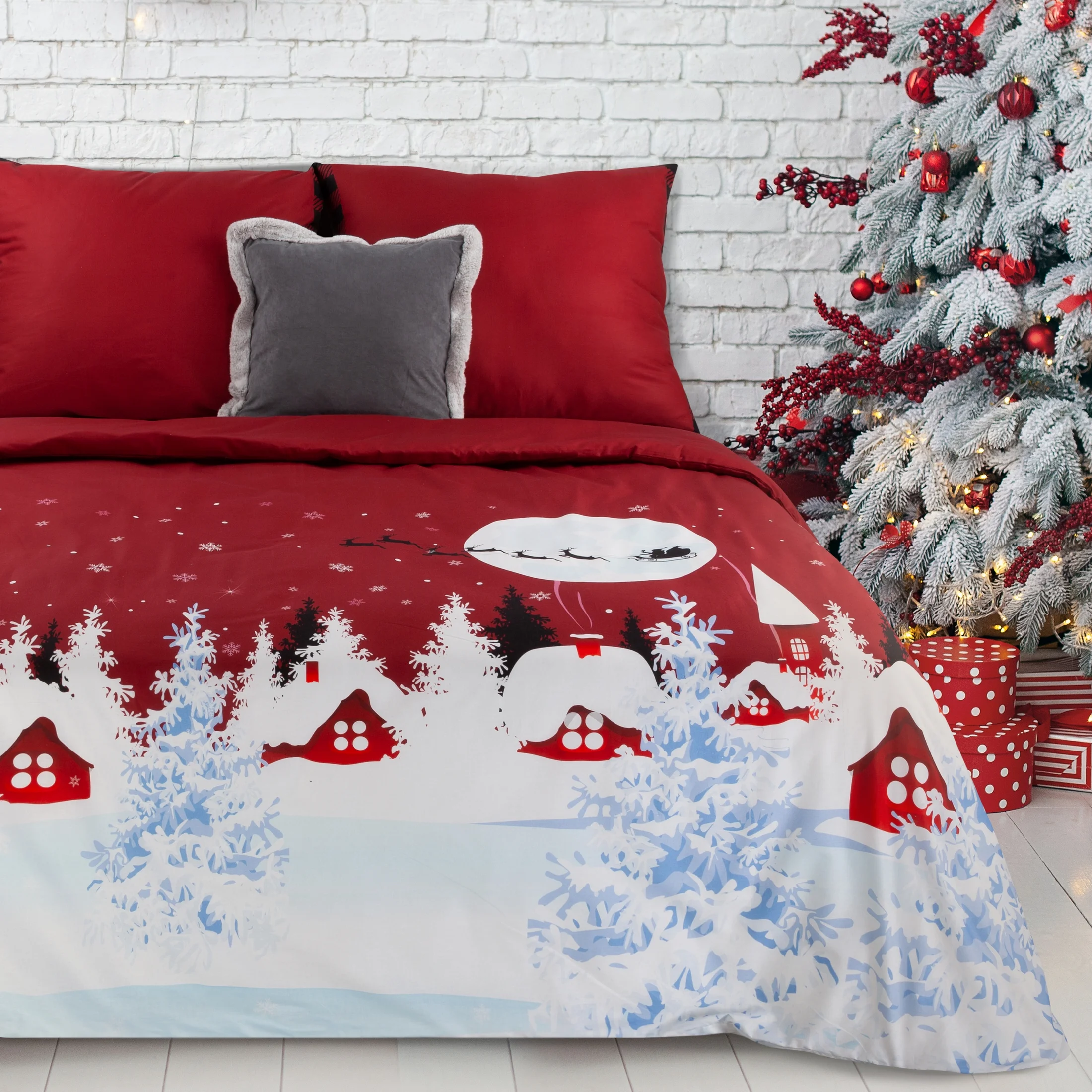 Pościel świąteczna 160x200 kolor czerwony, biały z nadrukiem panelowym RUDOLF 01 | eurofirany