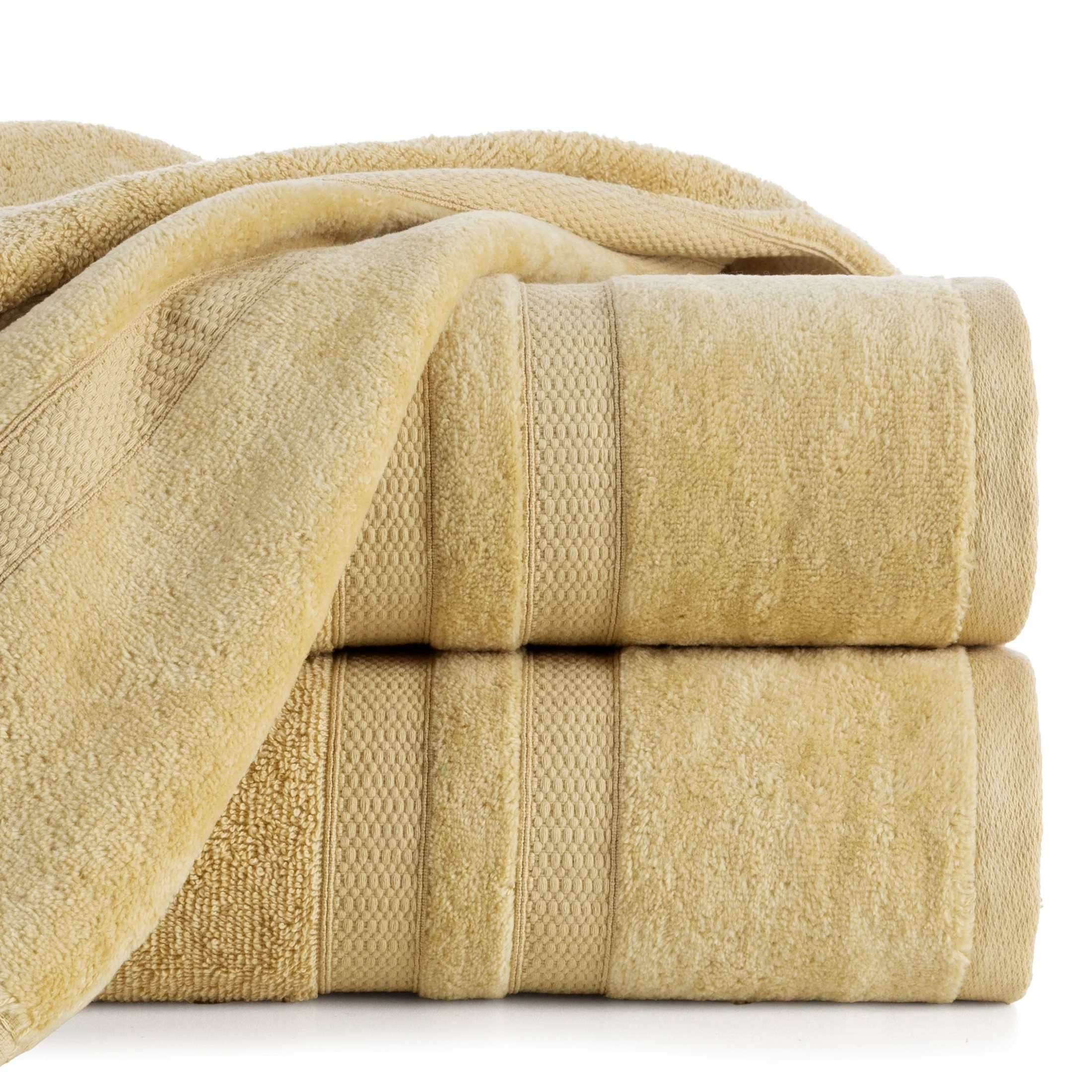 Ręcznik kąpielowy 70x140 cm bawełniany kolor musztardowy z welwetową bordiurą w pasy 500 g/m2 PORTO