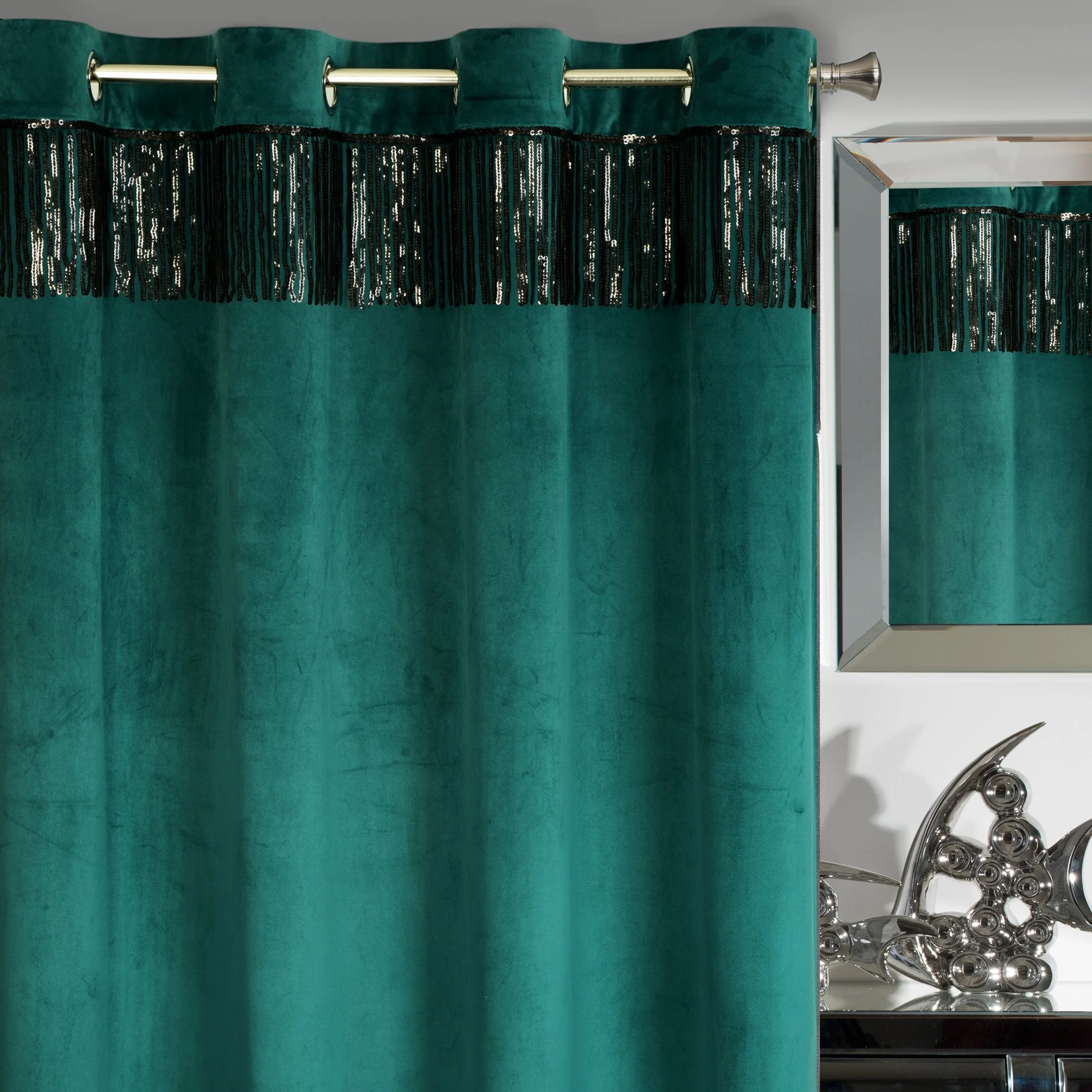 Zasłona ciemnoturkusowo, czarna z welwetu zdobiona cekinami 140x250 cm przelotka - JASPER | eurofirany