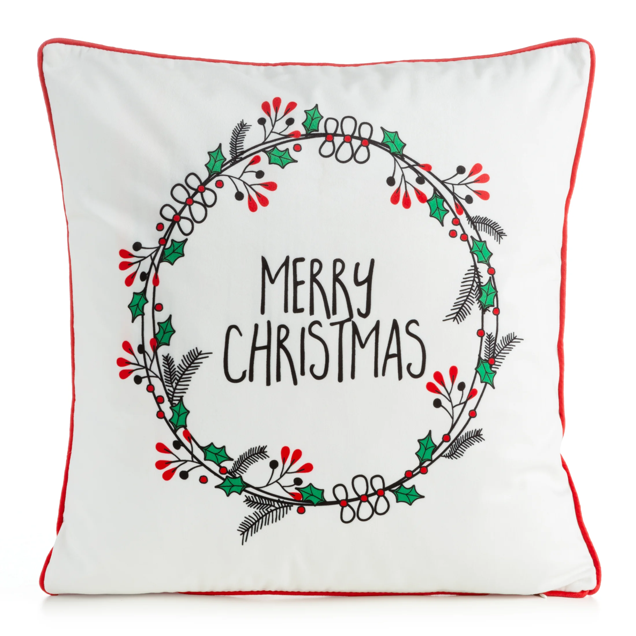 Poszewka na poduszkę 45x45 cm welwetowa, kremowo czerwona świąteczna zdobiona nadrukiem ostrokrzewu TORI | 