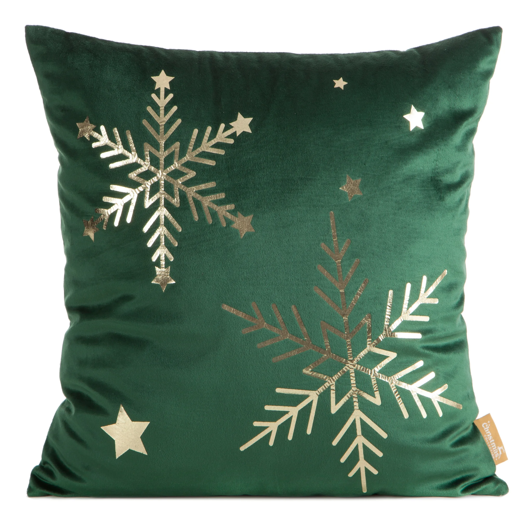 Poszewka na poduszkę świąteczna 45x45 cm welwetowa ciemnozielona zdobiona nadrukiem szampańskich śnieżynek | eurofirany