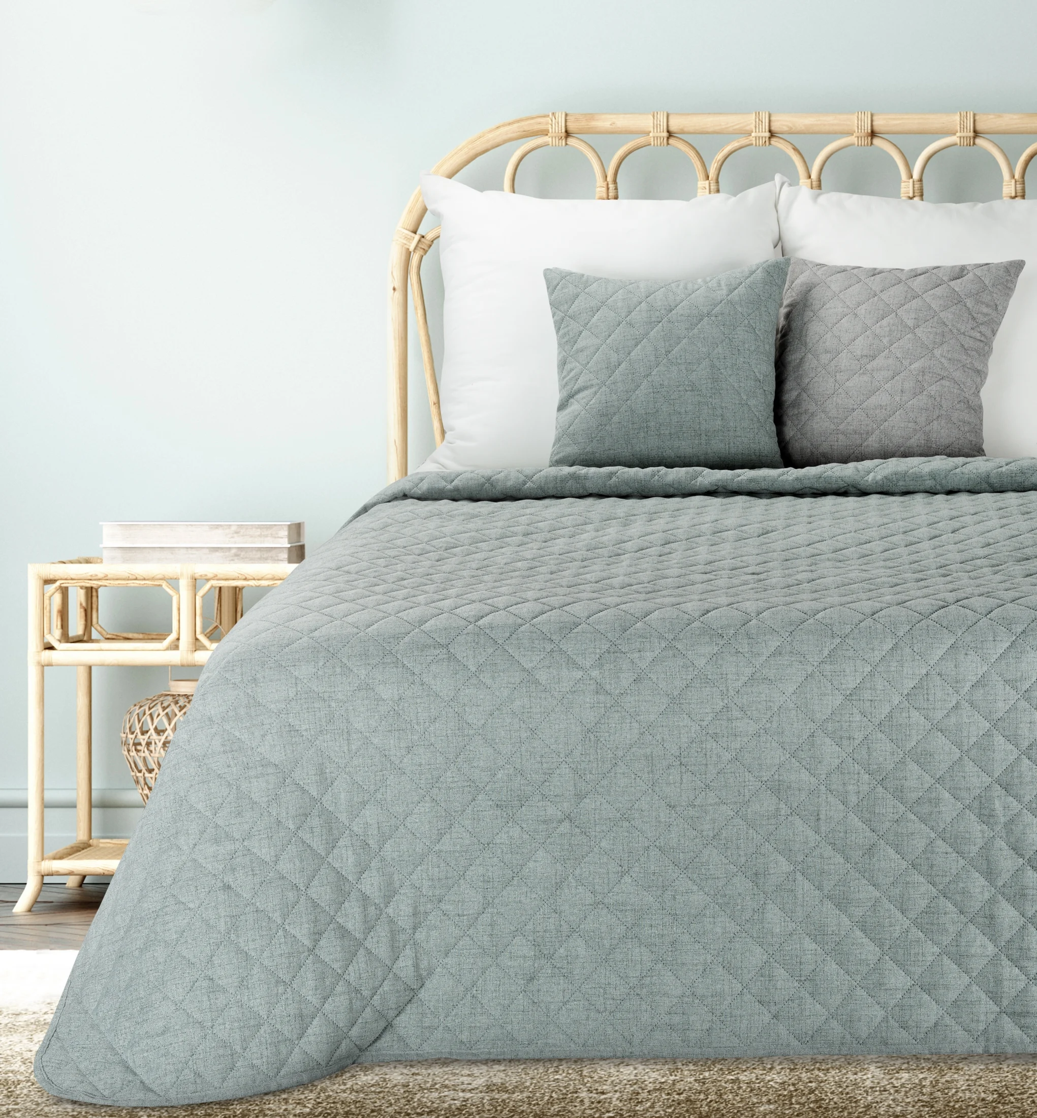 Narzuta o strukturze lnu miętowa 170x210 cm pikowana metodą hot press LEN 1 Eurofirany Premium | eurofirany