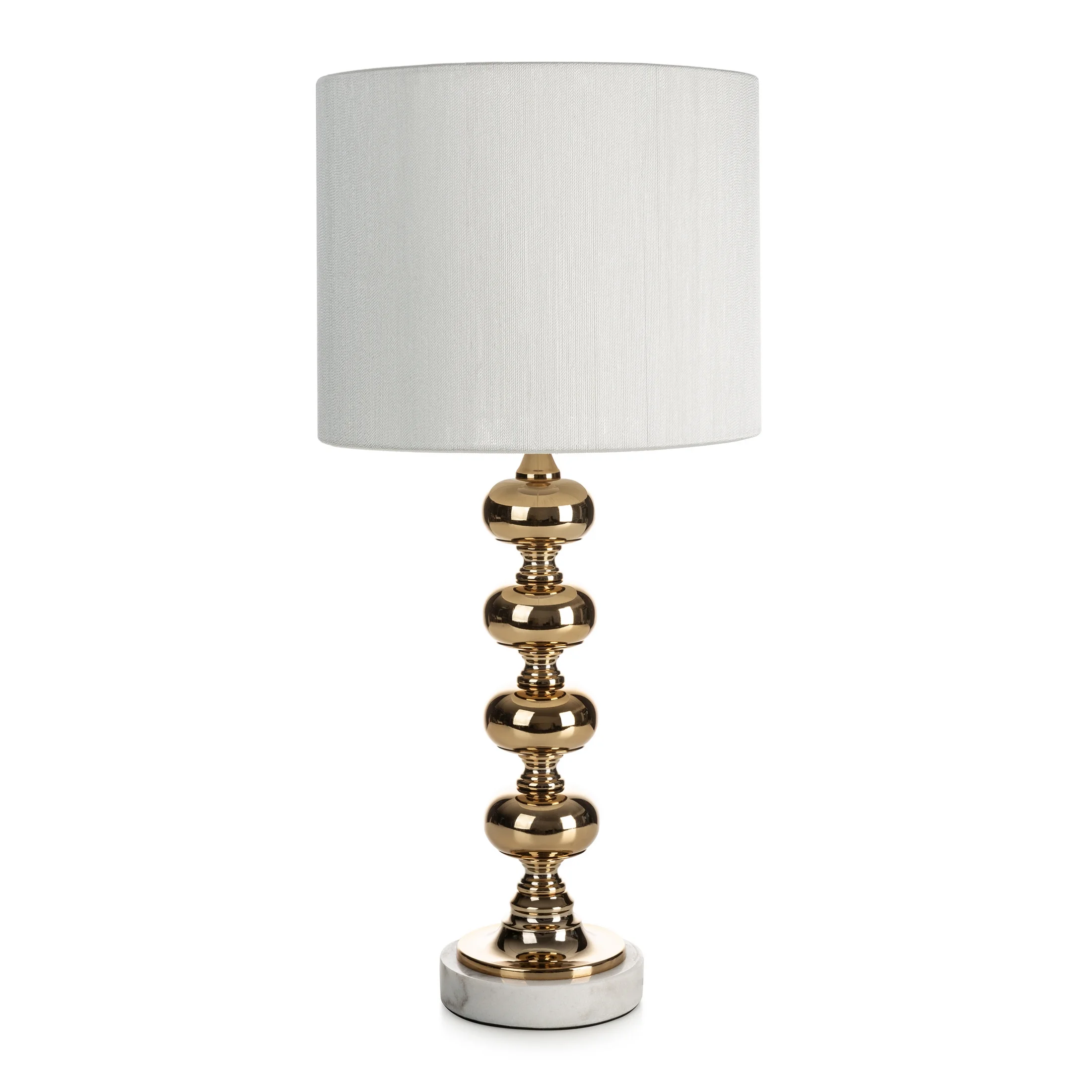 Lampa stołowa do salonu biało, złota DAISY na podstawie z marmuru i metalu z abażurem z matowej tkaniny