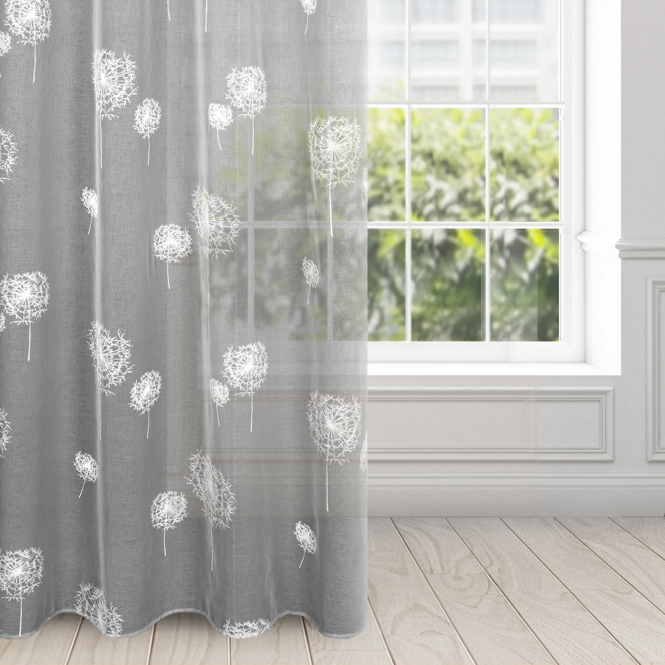 Dekoracja okienna stalowo, białą z motywem dmuchawców wykonane metodą wypukłego nadruku 140x250 cm przelotka - SABINE | eurofirany