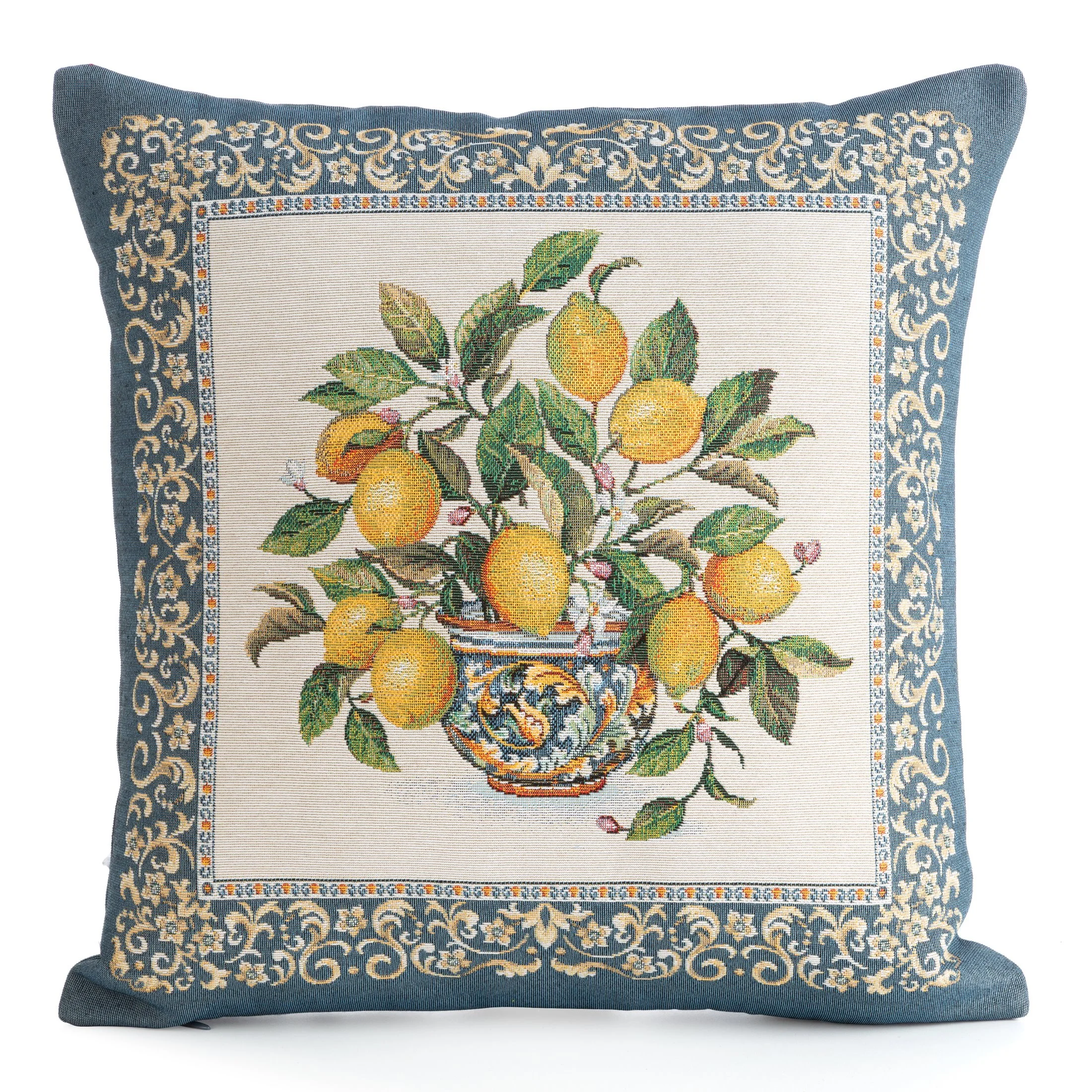 Poszewka na poduszkę 45x45 cm bawełniana, gobelinowa kolor naturalny, żółty z cytrynowym motywem GOB | eurofirany