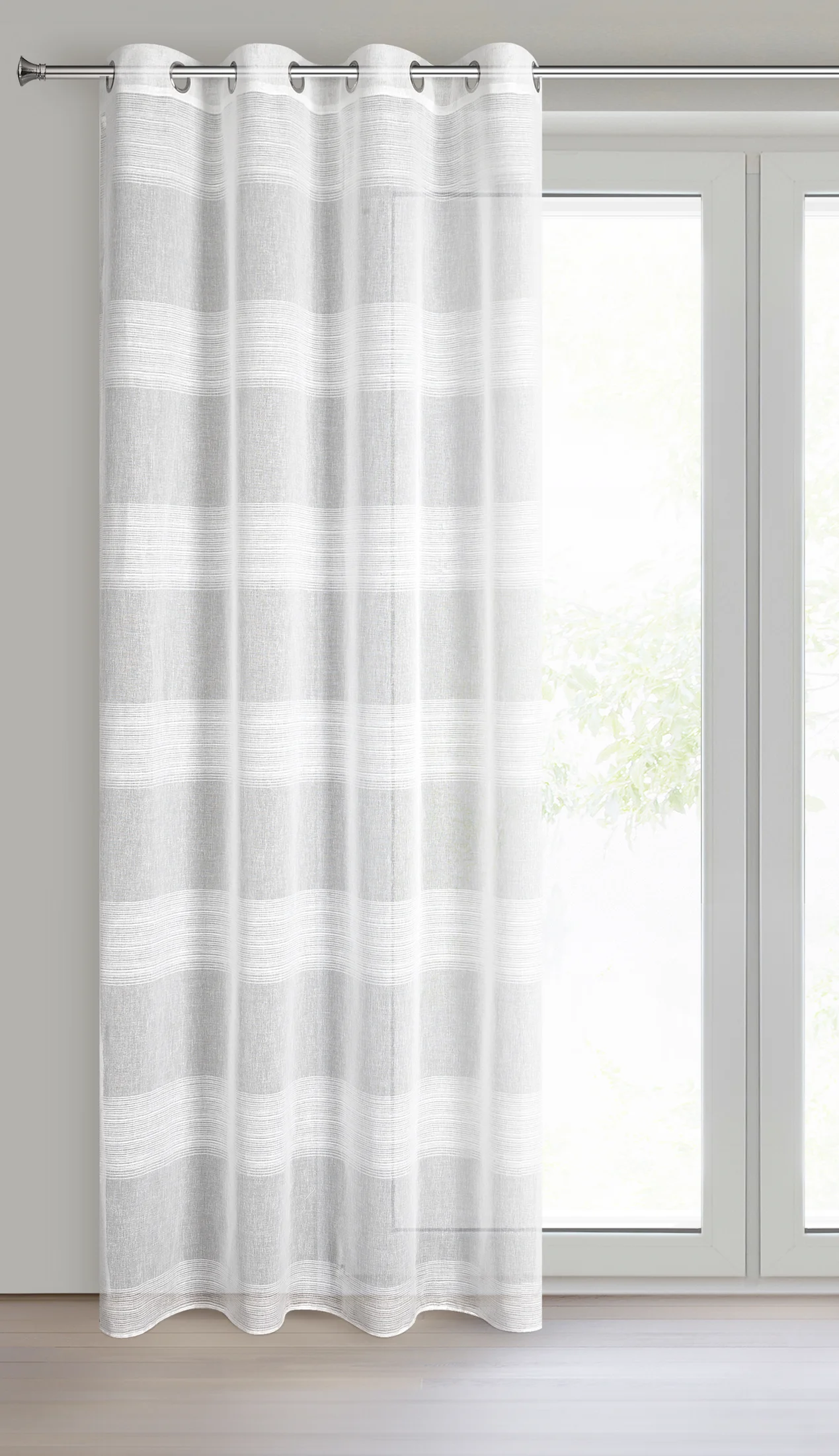 Firana biała zdobiona szenilowymi pasami 140x250 cm przelotka AGATA