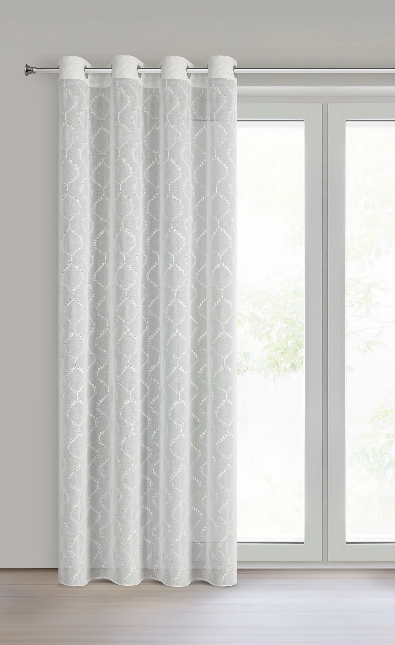 Firana biała z etaminy zdobiona ażurowym haftem 140x250 cm przelotki - RAYA