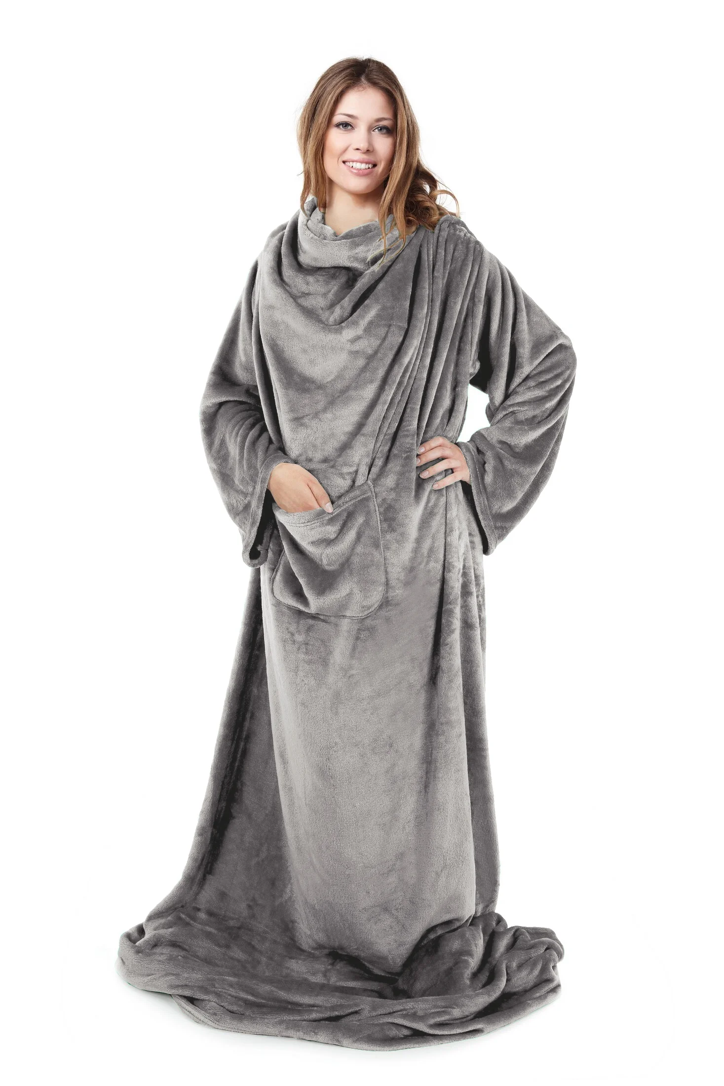 Koc z miękkiego polaru z rękawami 150x180 cm stalowy TV TONY Design 91 | eurofirany