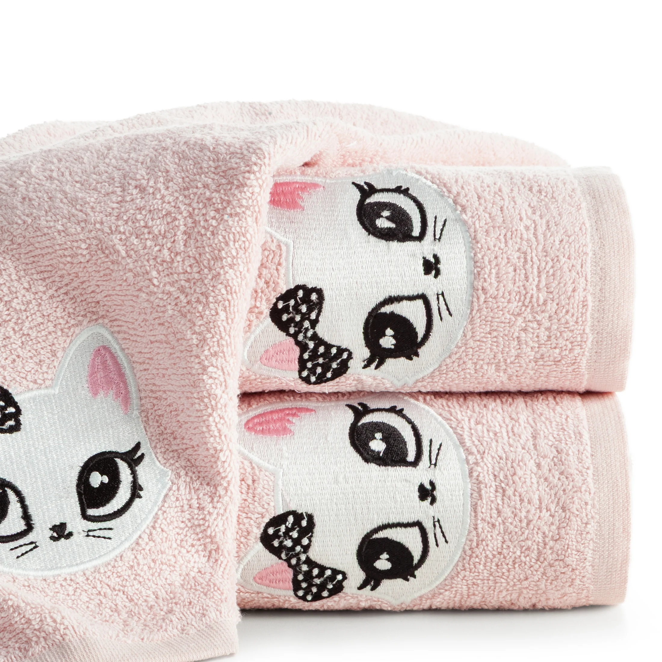 Ręcznik kąpielowy dziecięcy 70x140 cm bawełniany kolor różowy z aplikacją uroczego kotka 450 g/m2 BABY 72