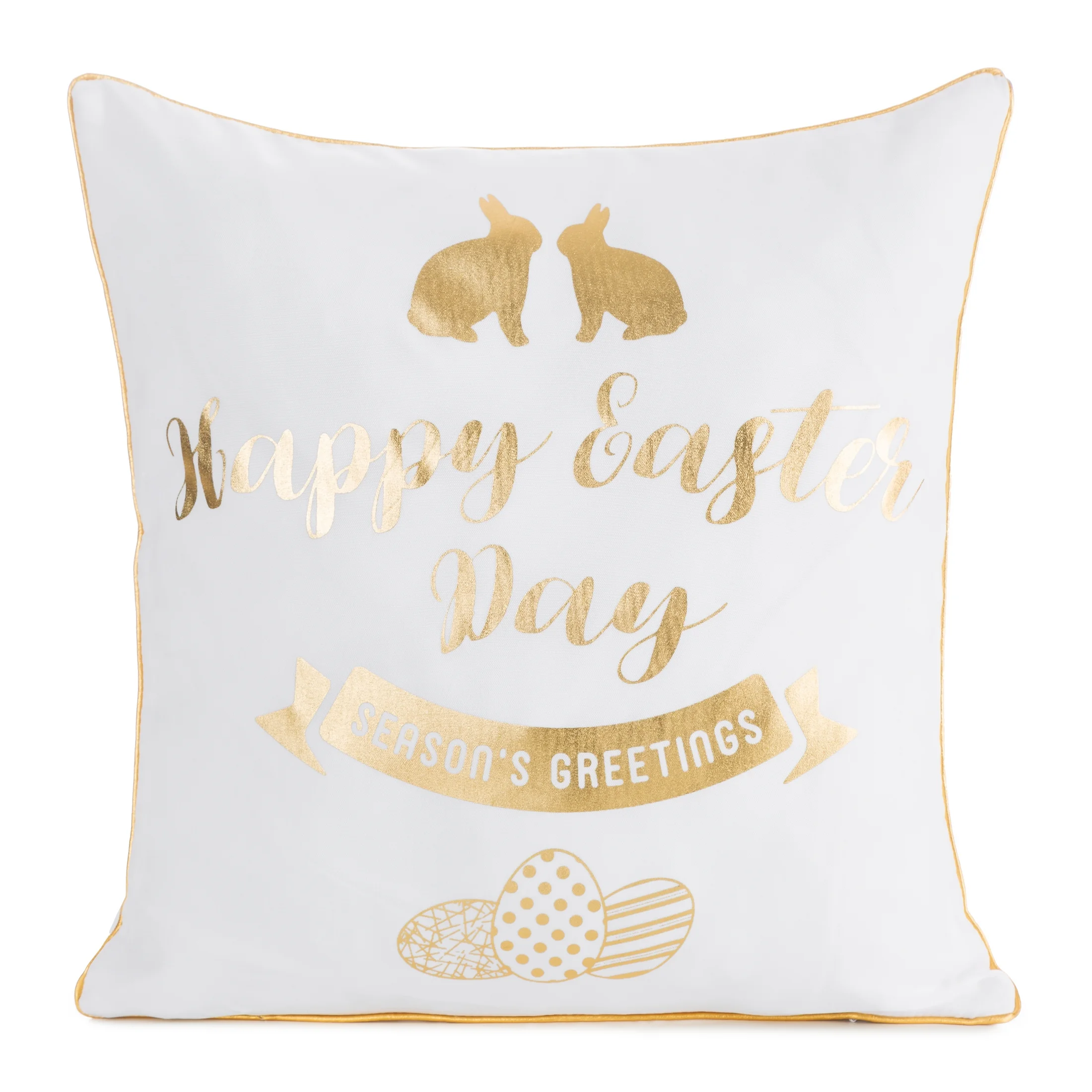 Poszewka na poduszkę 45x45 cm biało, złota z motywem wielkanocnym z ozdobną lamówką WIOSNA 65