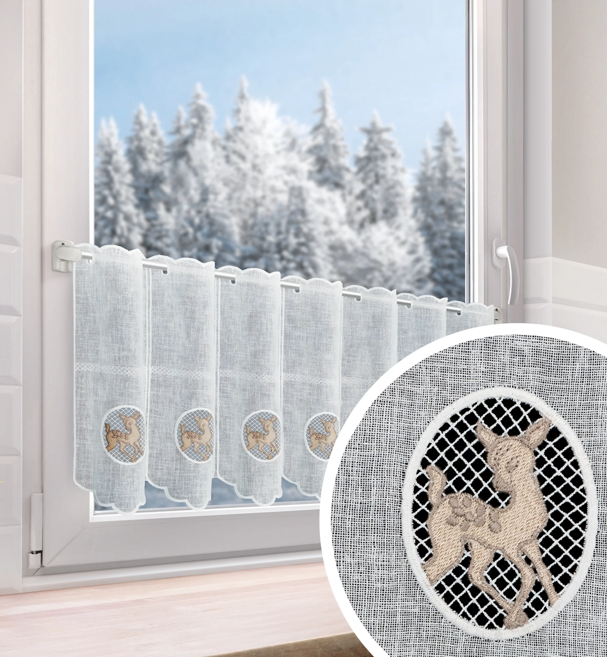 Tkanina firanowa zazdrostka z etaminy zdobiona świątecznym haftem jelonka