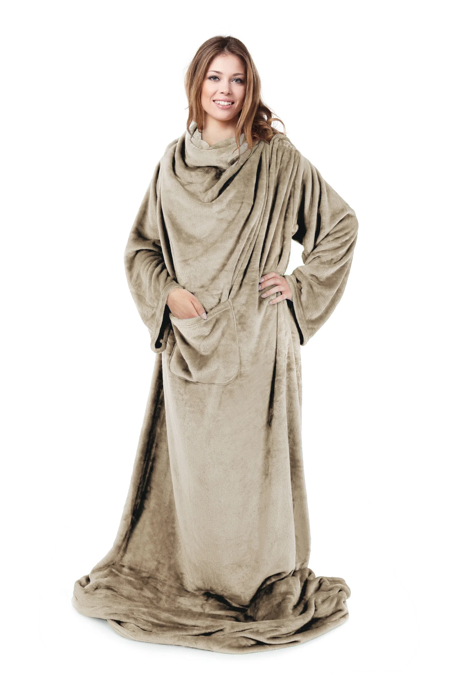 Koc z miękkiego polaru z rękawami 150x180 cm beżowy TV TONY Design 91 | eurofirany