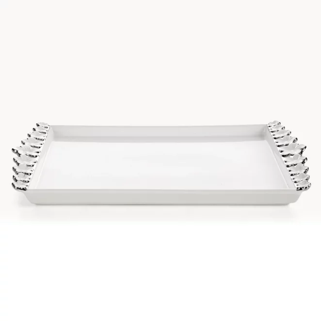 Patera dekoracyjna biało, srebrna zdobiona metalicznymi kwiatami 39x22x3 cm ARIANA