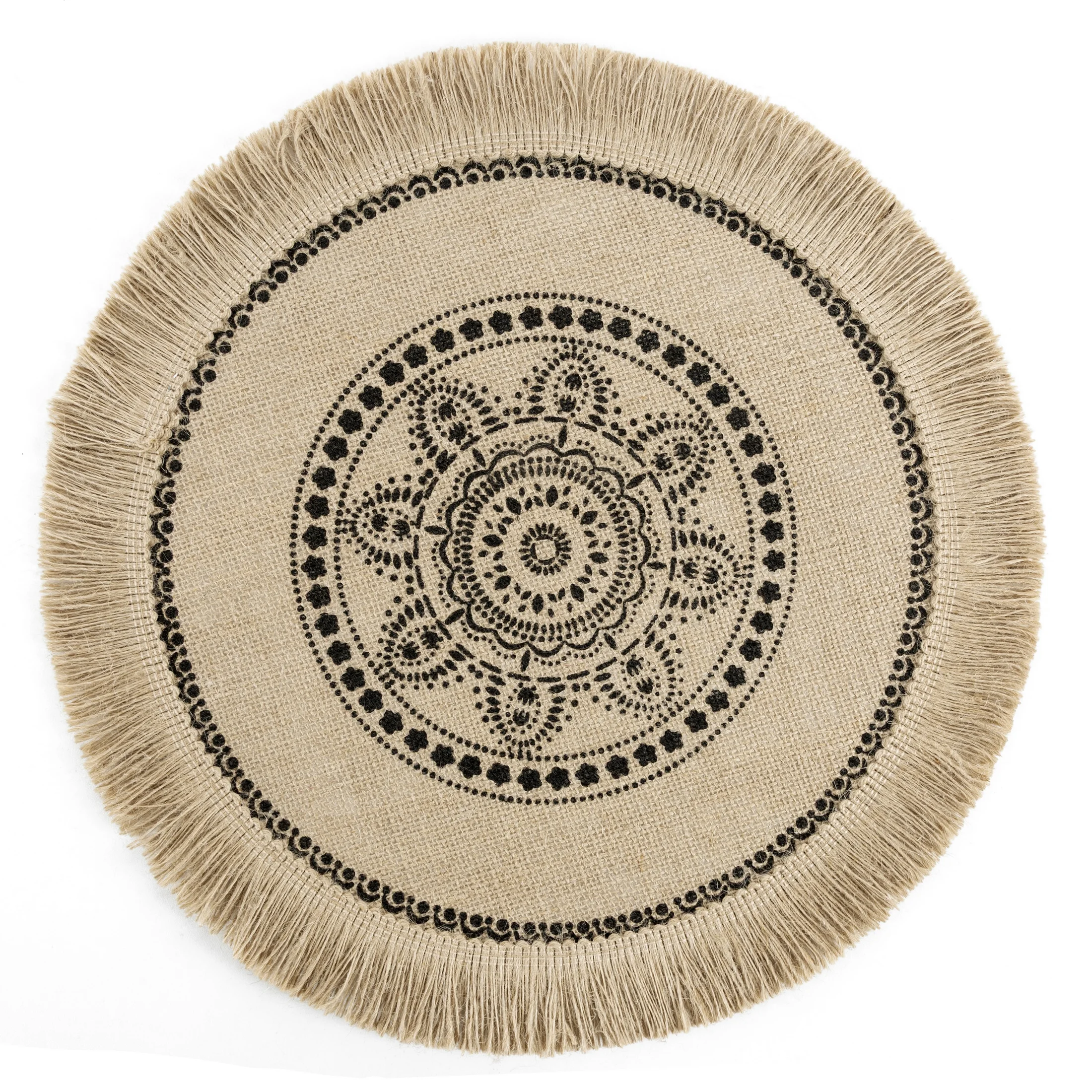 Podkładka na stół naturalna z juty średnica 38 cm ELISA z frędzlami na brzegach w stylu boho