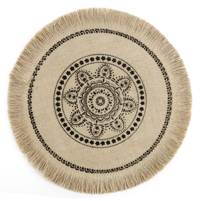 Podkładka na stół naturalna z juty średnica 38 cm ELISA z frędzlami na brzegach w stylu boho