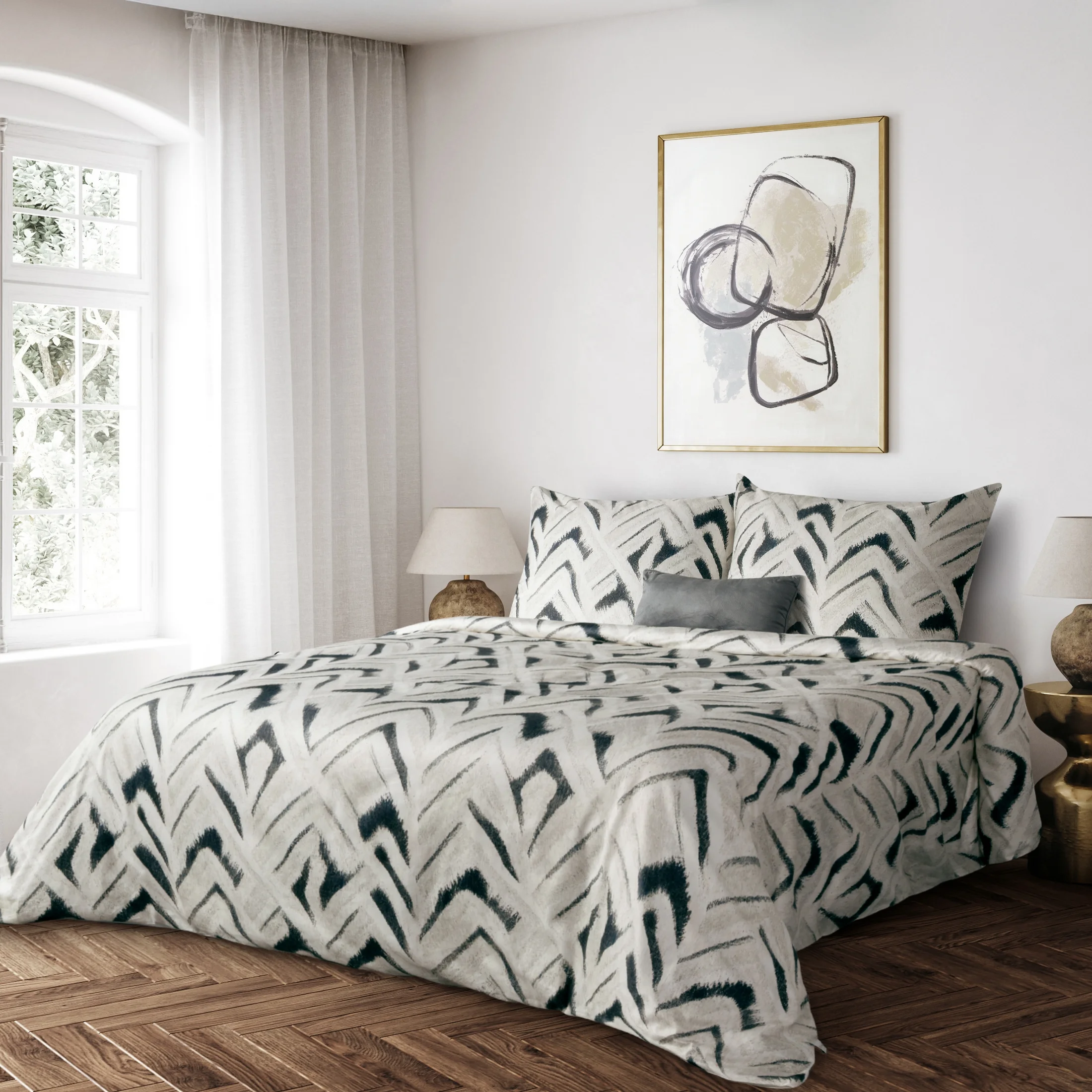 Pościel 220x200 cm z makosatyny bawełnianej kolor biały, granatowy z motywem geometrycznym REINA 49 - kolekcja TOLEDO | eurofirany