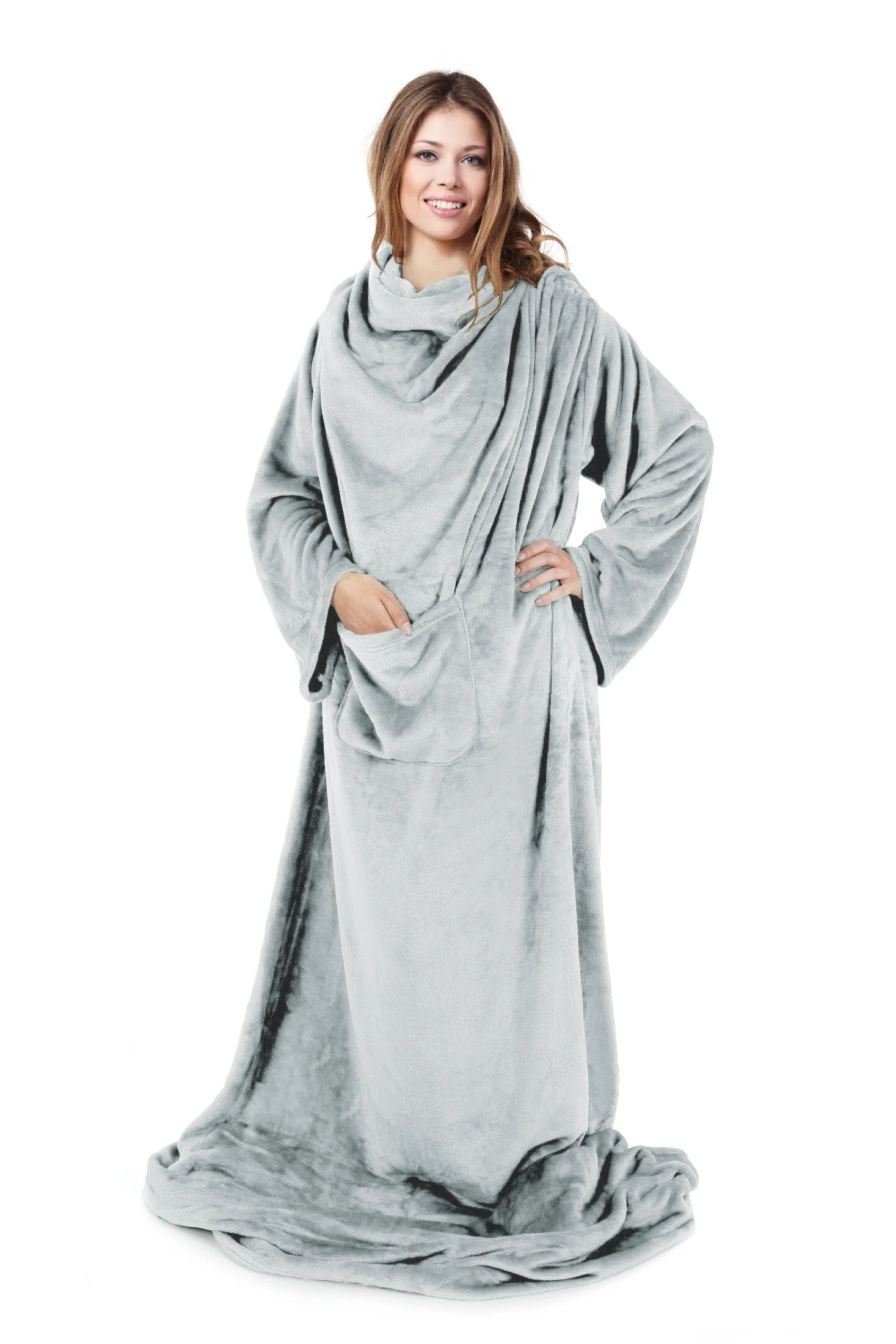 Koc z miękkiego polaru z rękawami 150x180 cm srebrny TV TONY Design 91 | eurofirany