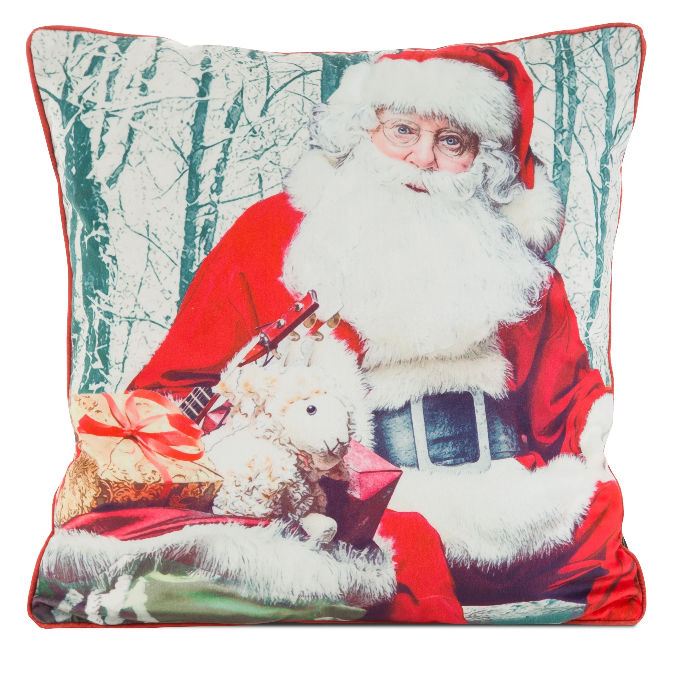 Poszewka na poduszkę 45x45 cm welwetowa, czerwono biała zdobiona uroczym motywem świątecznym | eurofirany