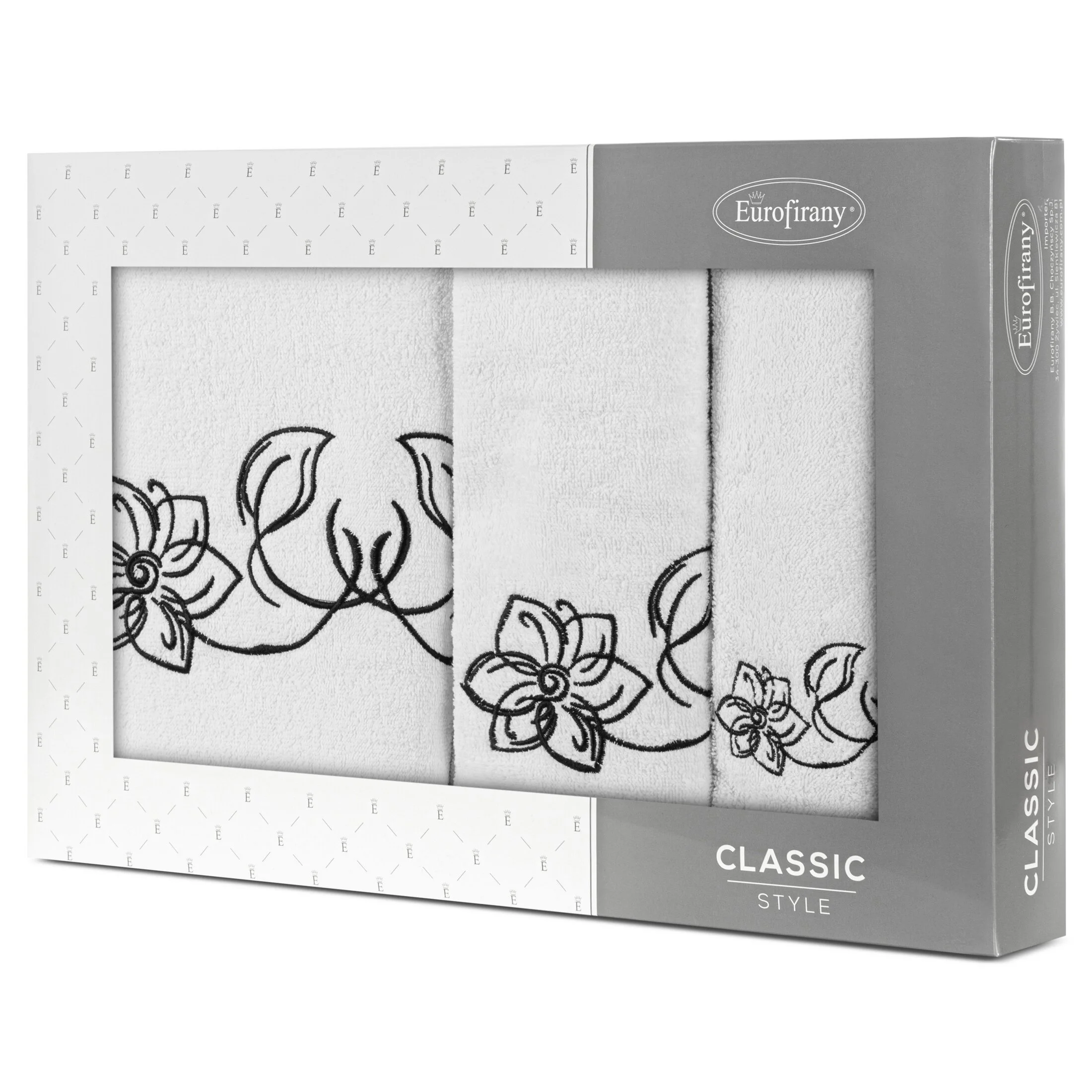 Zestaw ręczników bawełnianych na prezent 3 szt kolor biały, czarny z haftem uroczych kwiatów 400 g/m2 LILA