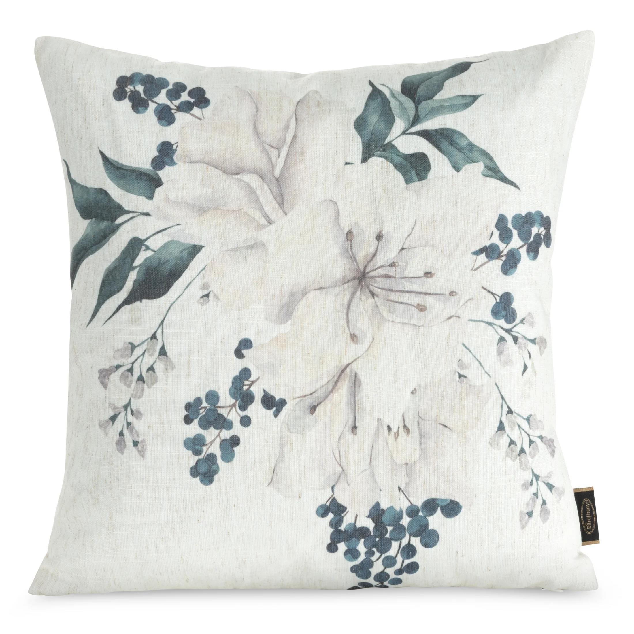 Poszewka na poduszkę 45x45 cm o strukturze lnu nadrukiem subtelnych kwiatów beżowo, zielona LEN | eurofirany