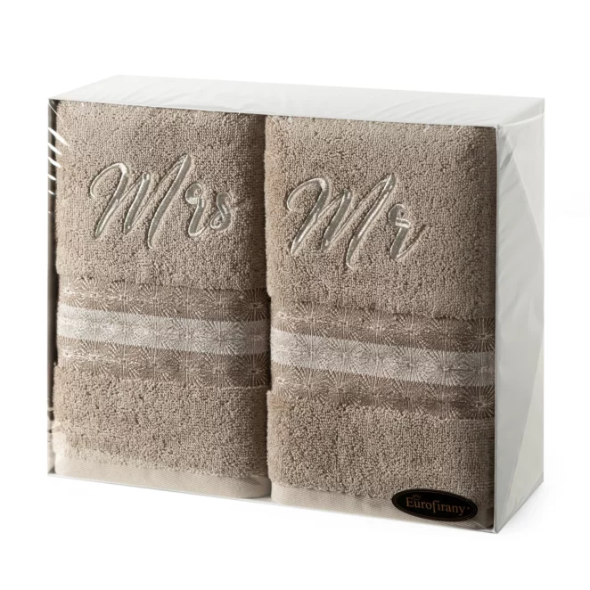 Zestaw ręczników bawełnianych na prezent 2 szt 50x90 cm kolor beżowy z haftem MRS&MR