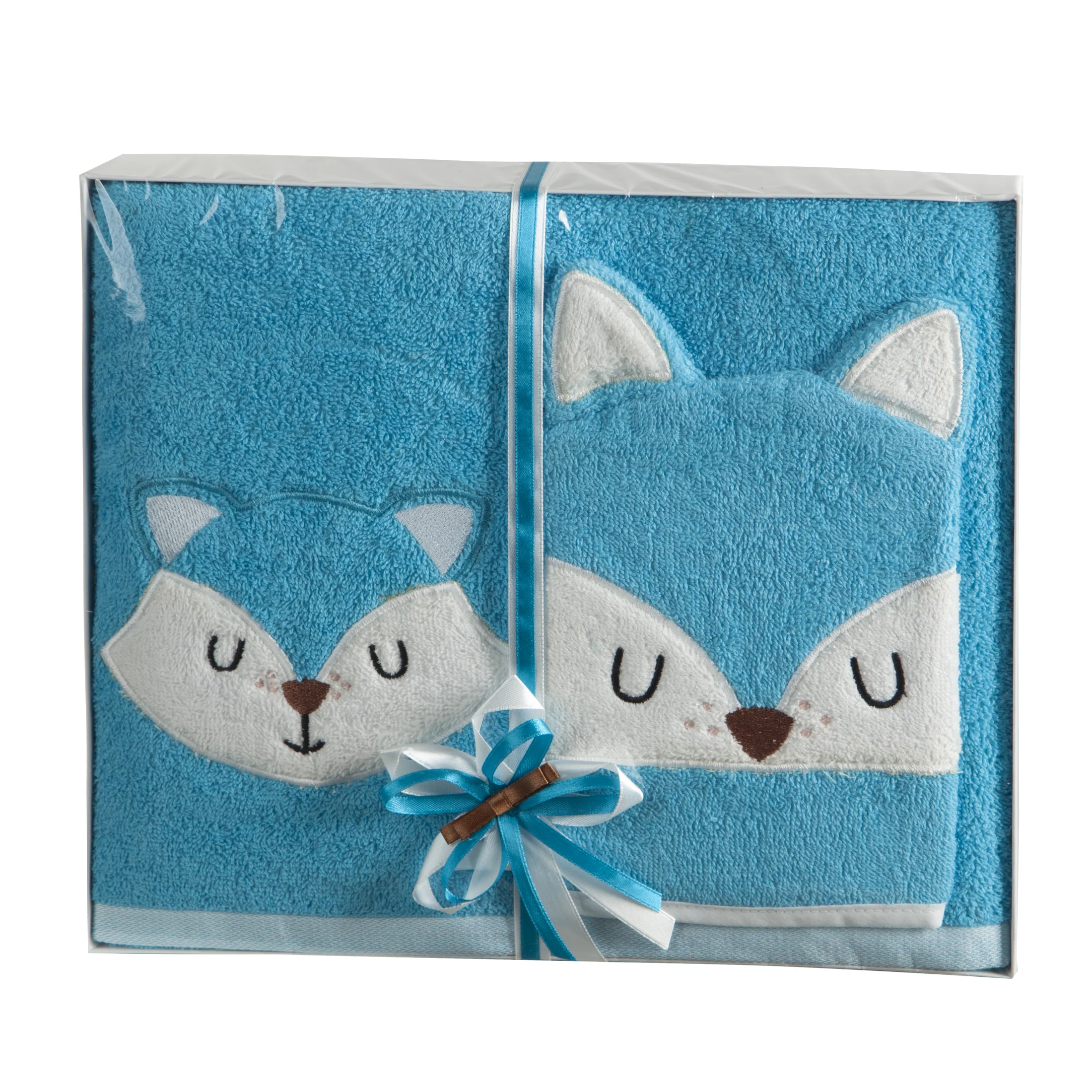 Zestaw upominkowy, ręcznik bawełniany 70x140 cm z myjką 15x21 cm kolor niebieski zdobione motywem misia