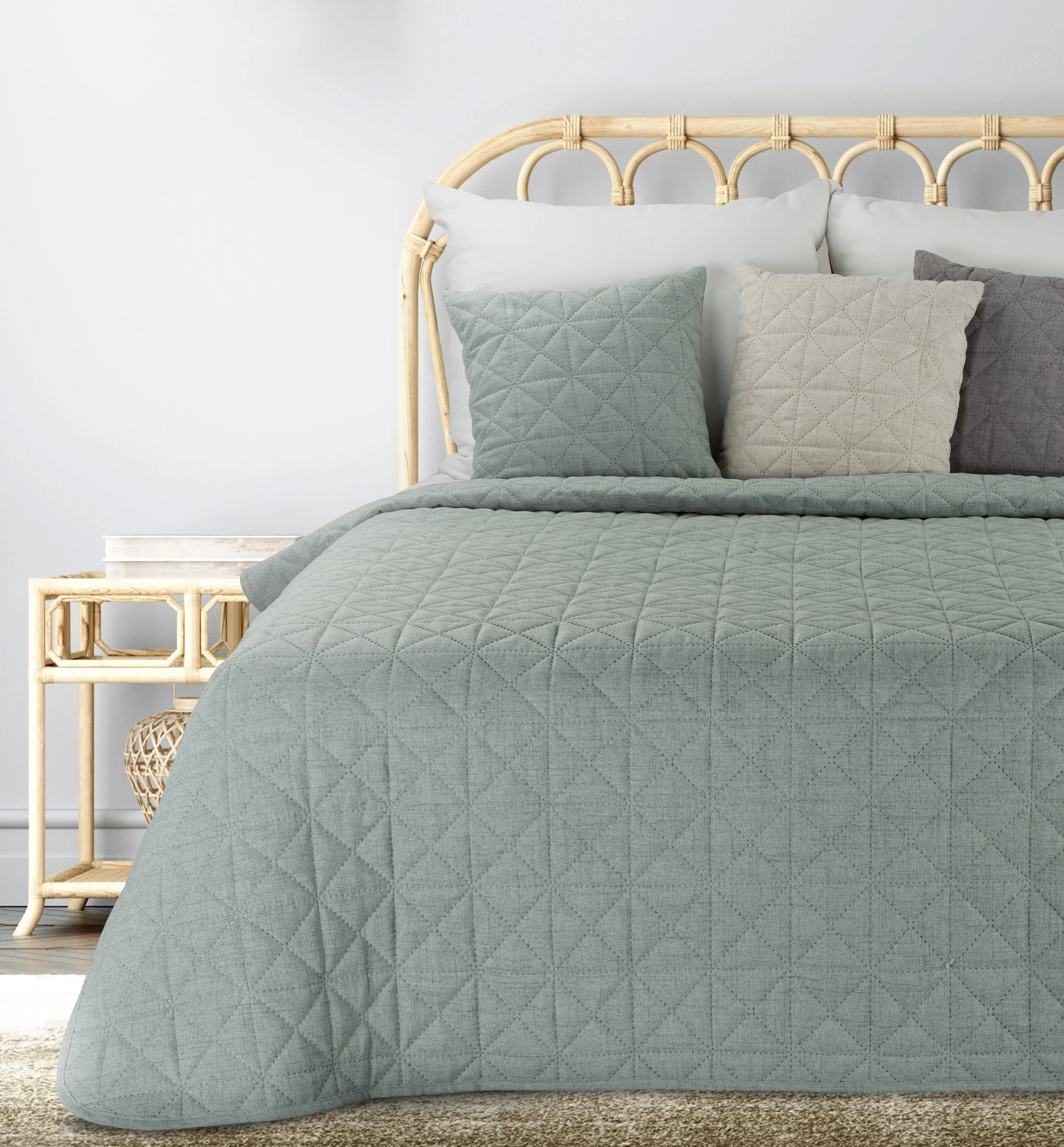 Narzuta o strukturze lnu miętowa 170x210 cm pikowana metodą hot press w geometryczny wzór LEN 2 Eurofirany Premium | eurofirany