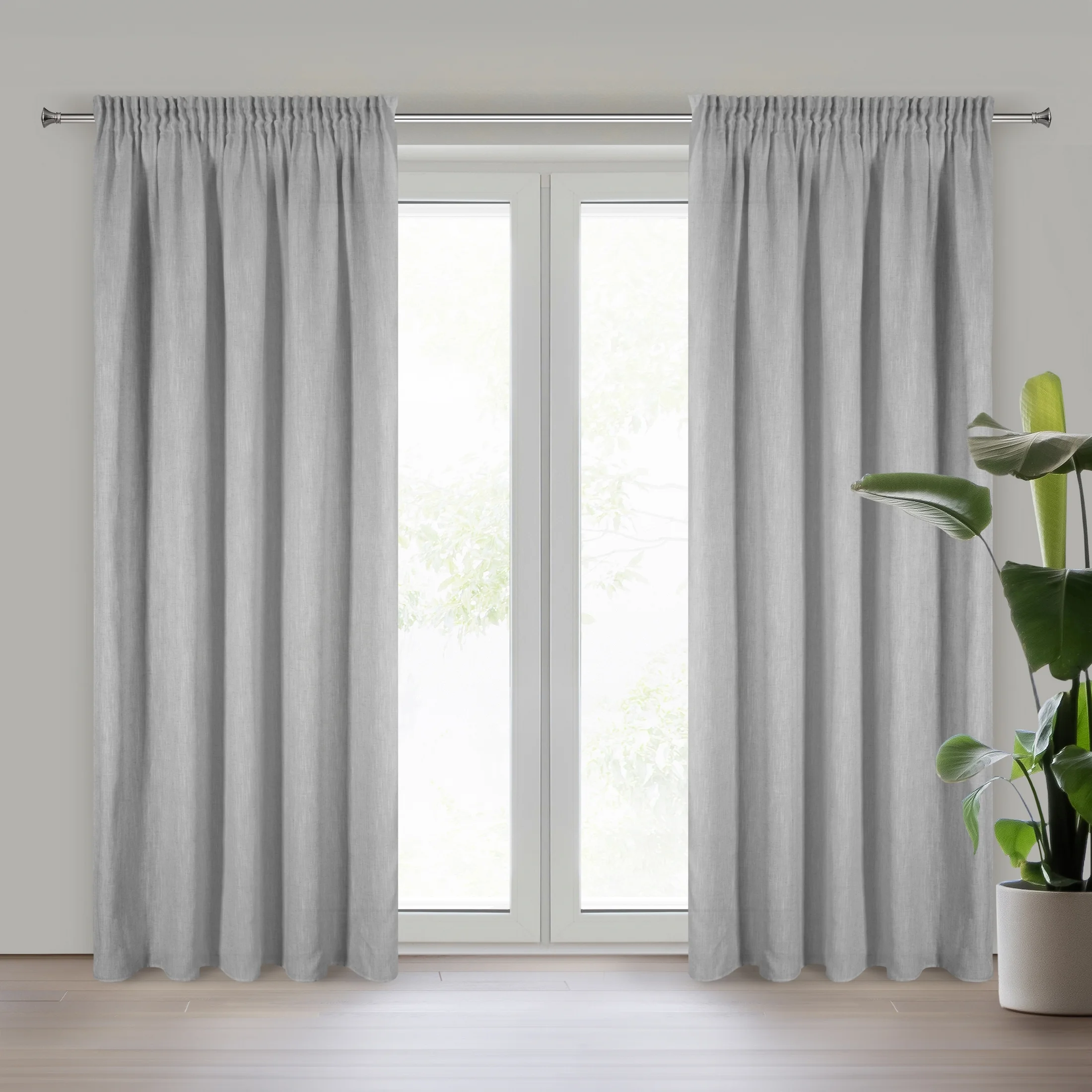 Zasłona srebrna z dodatkiem lnu i efektem deszczyku 140x300 cm taśma - JUDYTA | eurofirany