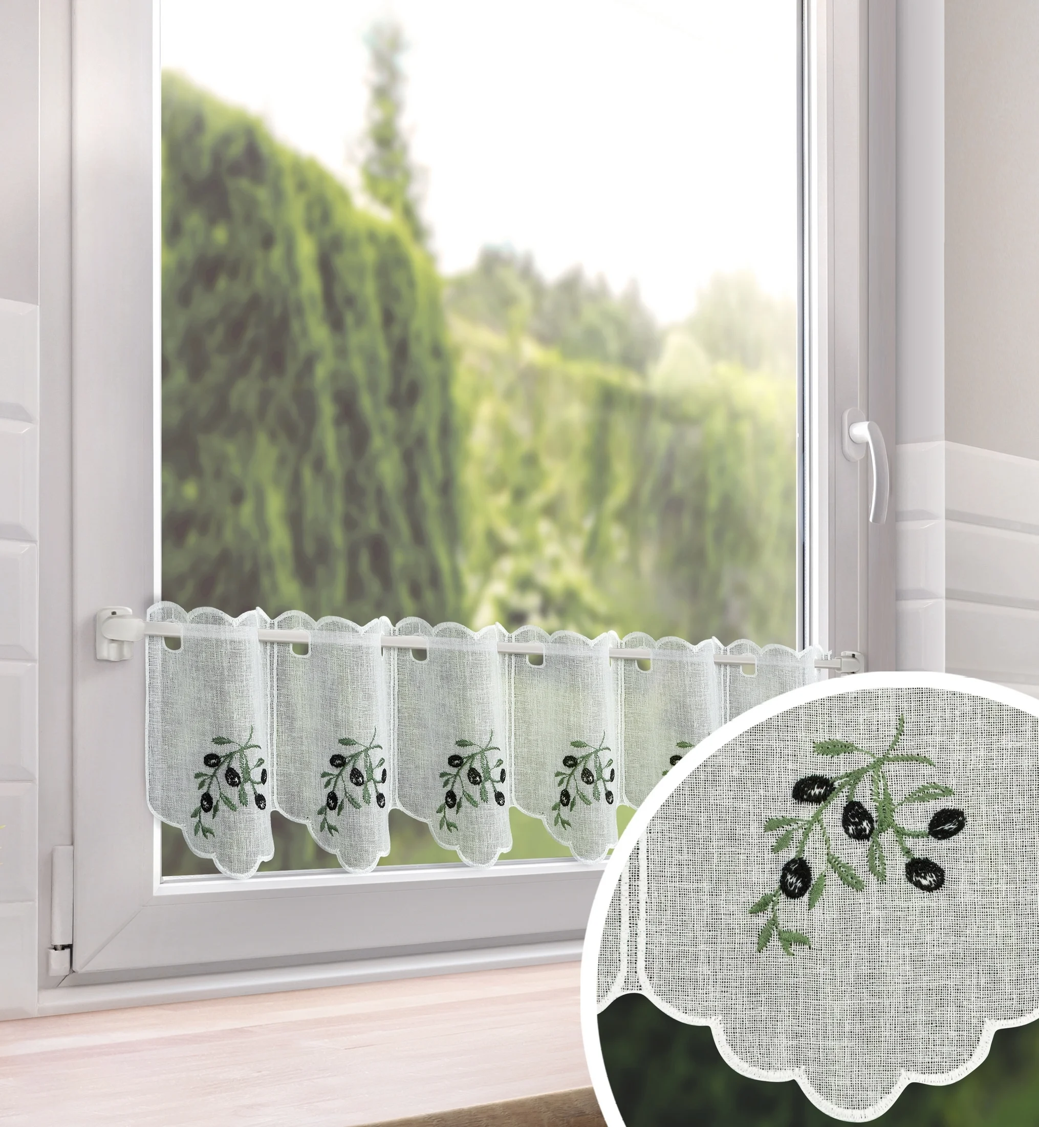 Tkanina firanowa zazdrostka z etaminy zdobiona haftem oliwek