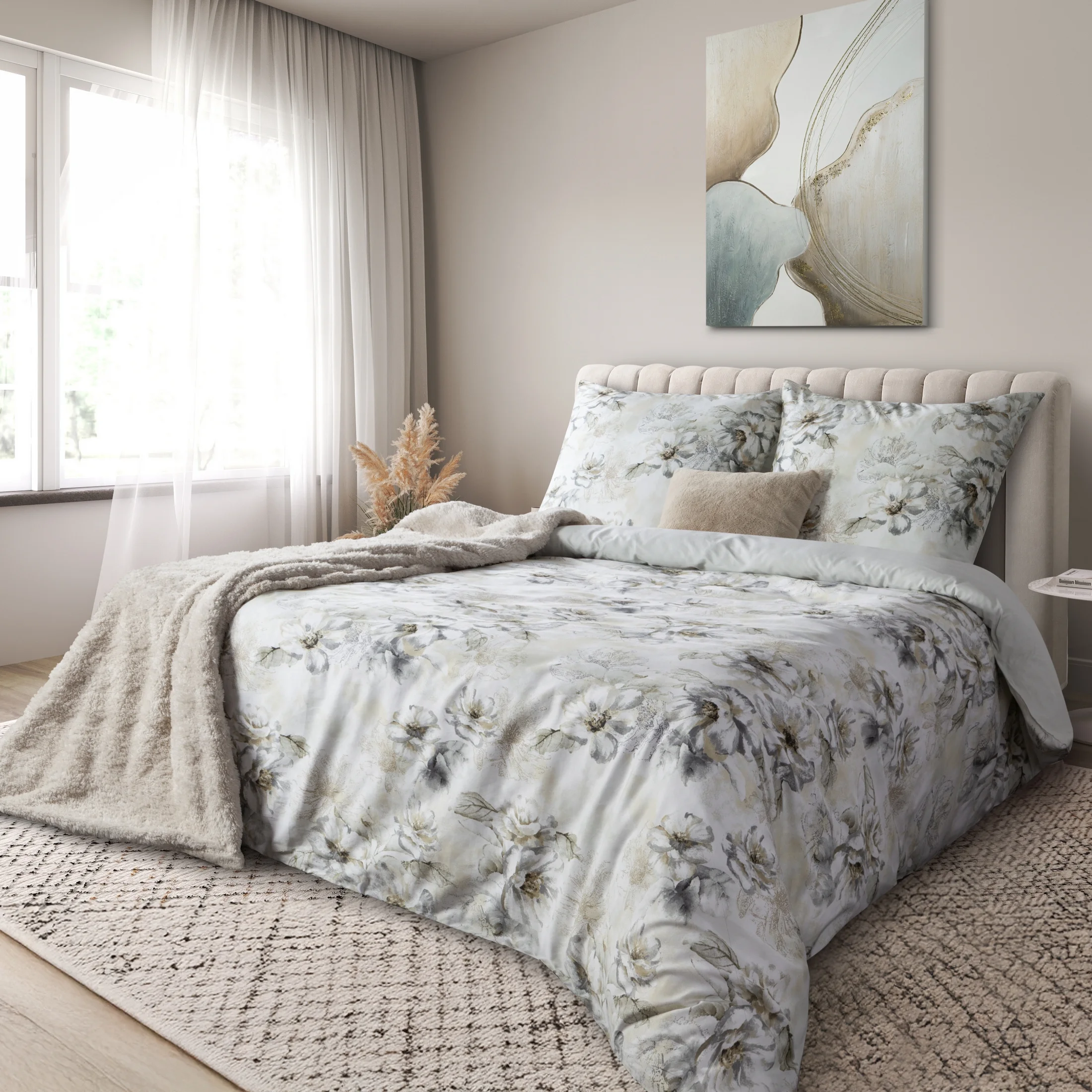 Pościel 160x200 cm satyna bawełniana kolor jasnobeżowy, jasnoszary z wzorem roślinnym SPRING 73 | eurofirany