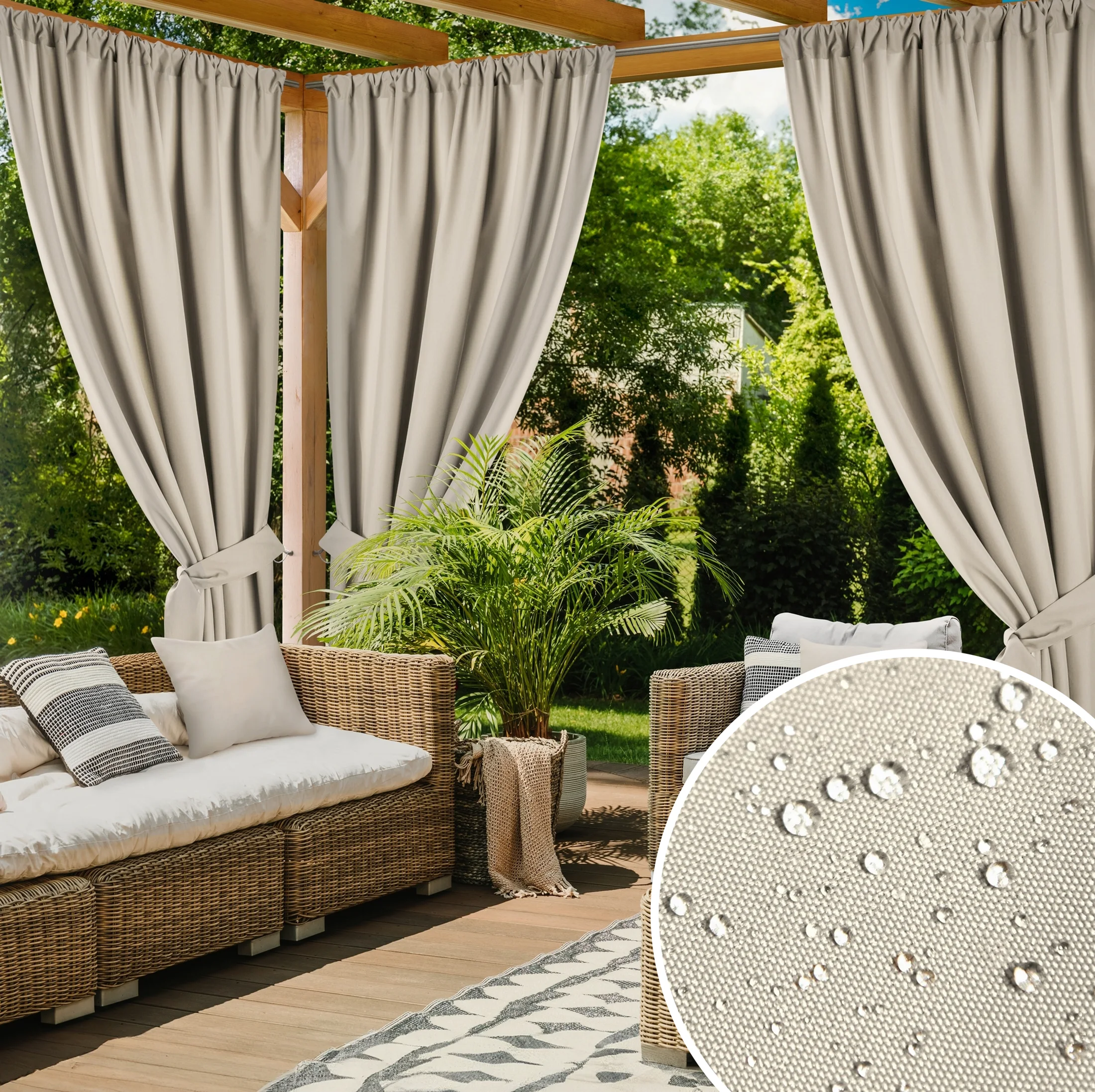 Zasłona jasnobeżowa z wodoodpornej tkaniny idealna do ogrodu i na taras 155x200 cm tunel - GARDEN | eurofirany