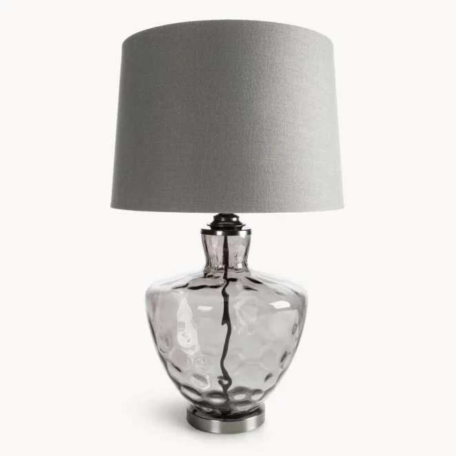 Lampa stołowa do pokoju srebrna z lekko dymionego szkła i matowym abażurem 30 x 74 cm ADELINE