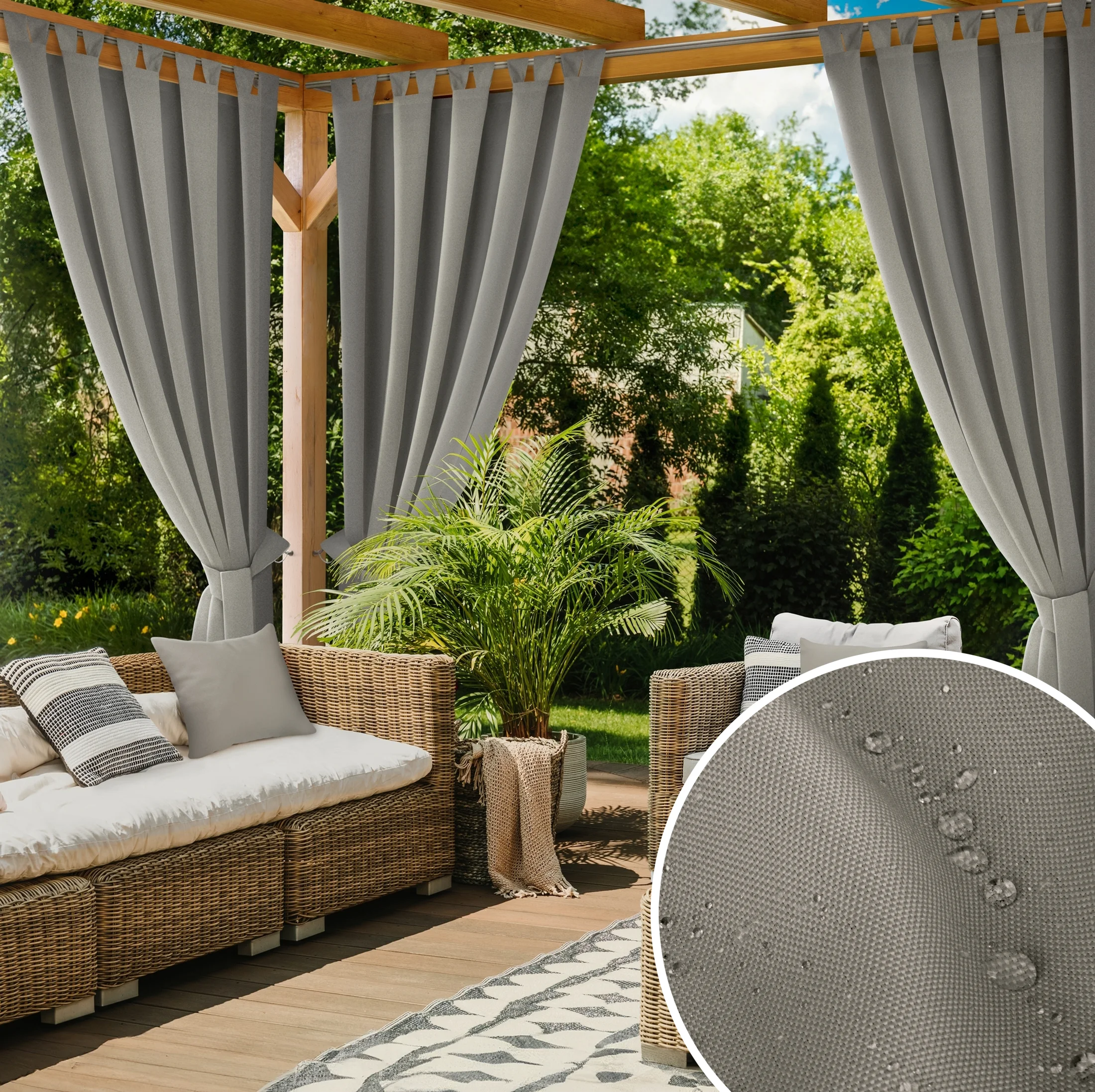 Zasłona srebrna z wodoodpornej tkaniny idealna do ogrodu i na taras 155x220 cm szelki/rzep - GARDEN | eurofirany