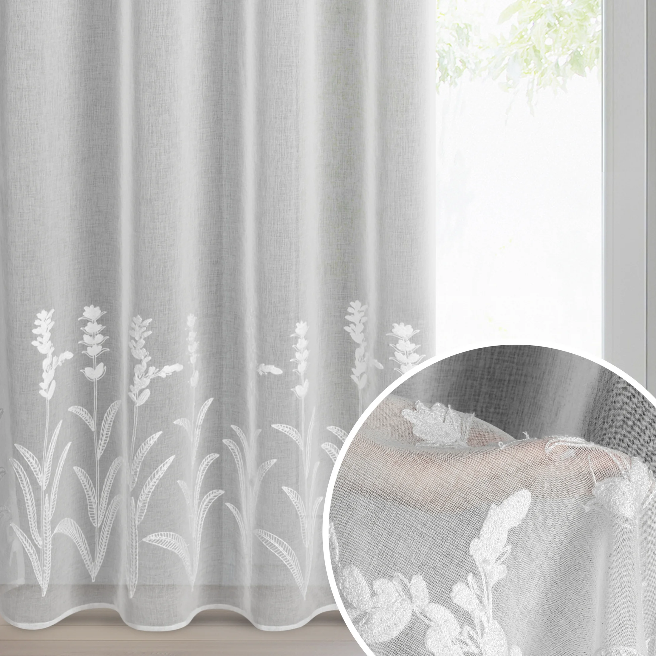 Firana biała z etaminy zdobiona haftem roślinnym 140x250 cm przelotka - TONYA | eurofirany