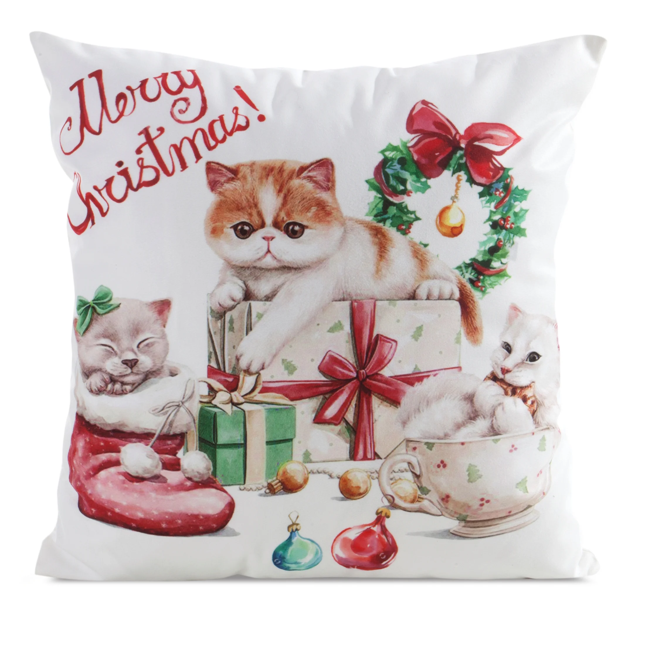 Poszewka na poduszkę świąteczna 45x45 cm biało, czerwona zdobiona nadrukiem uroczego kotka | eurofirany