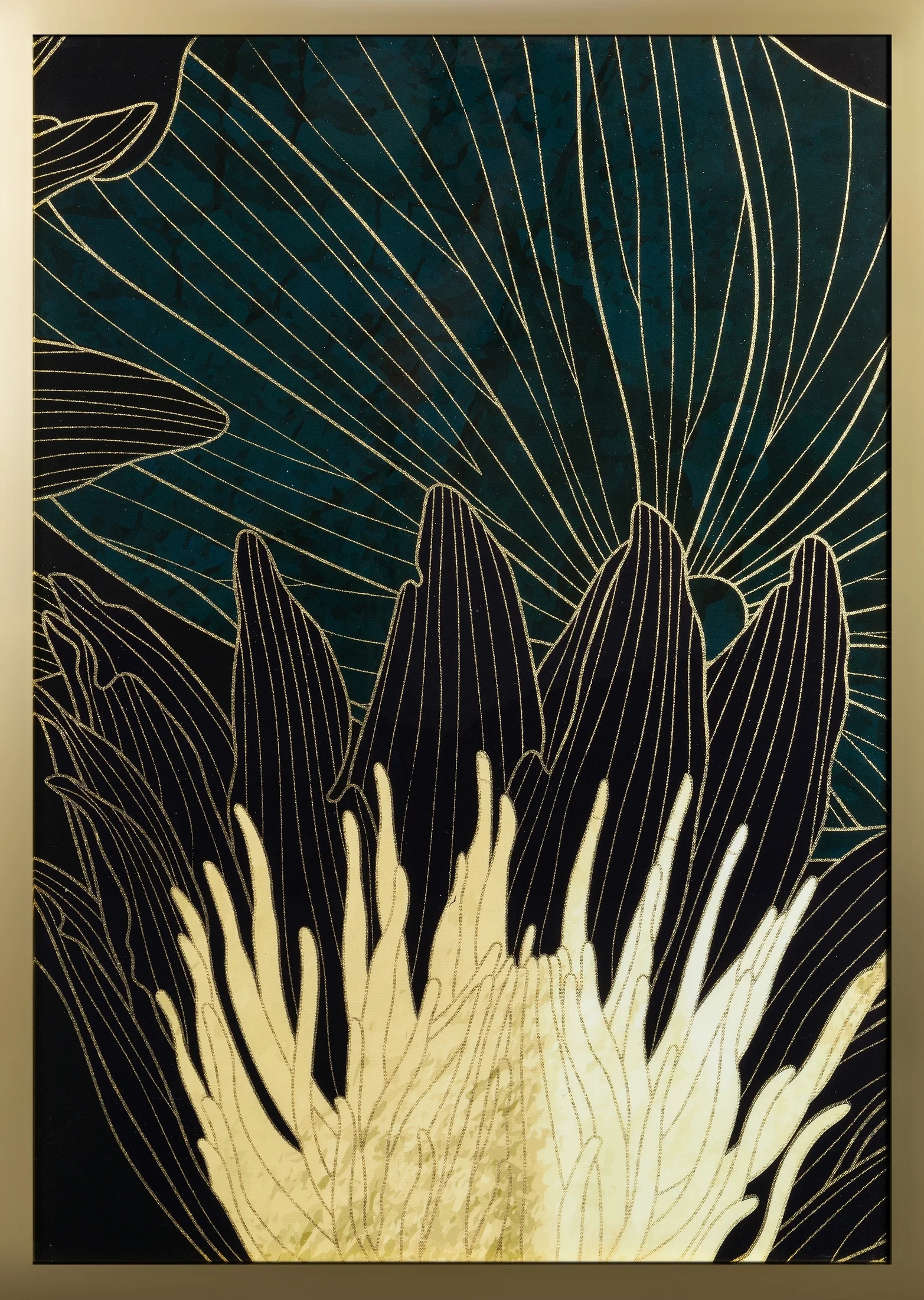 Obraz z nadrukiem liści i kwiatów w złotej ramce | eurofirany