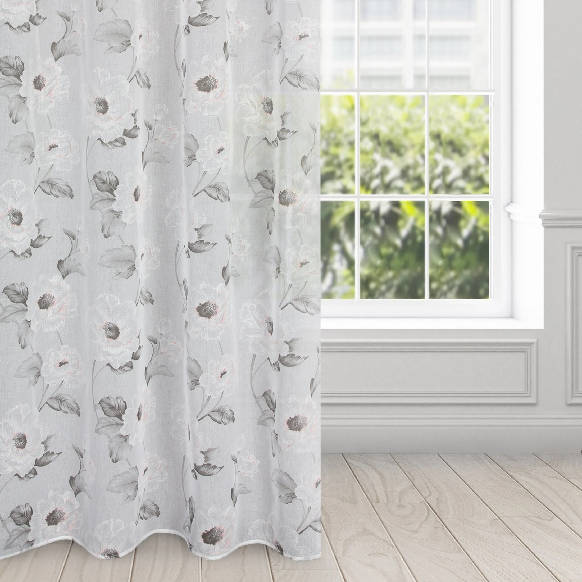 Firana biało, różowa z matowej etaminy z kwiatowym motywem 140x250 cm przelotka BESSY | eurofirany