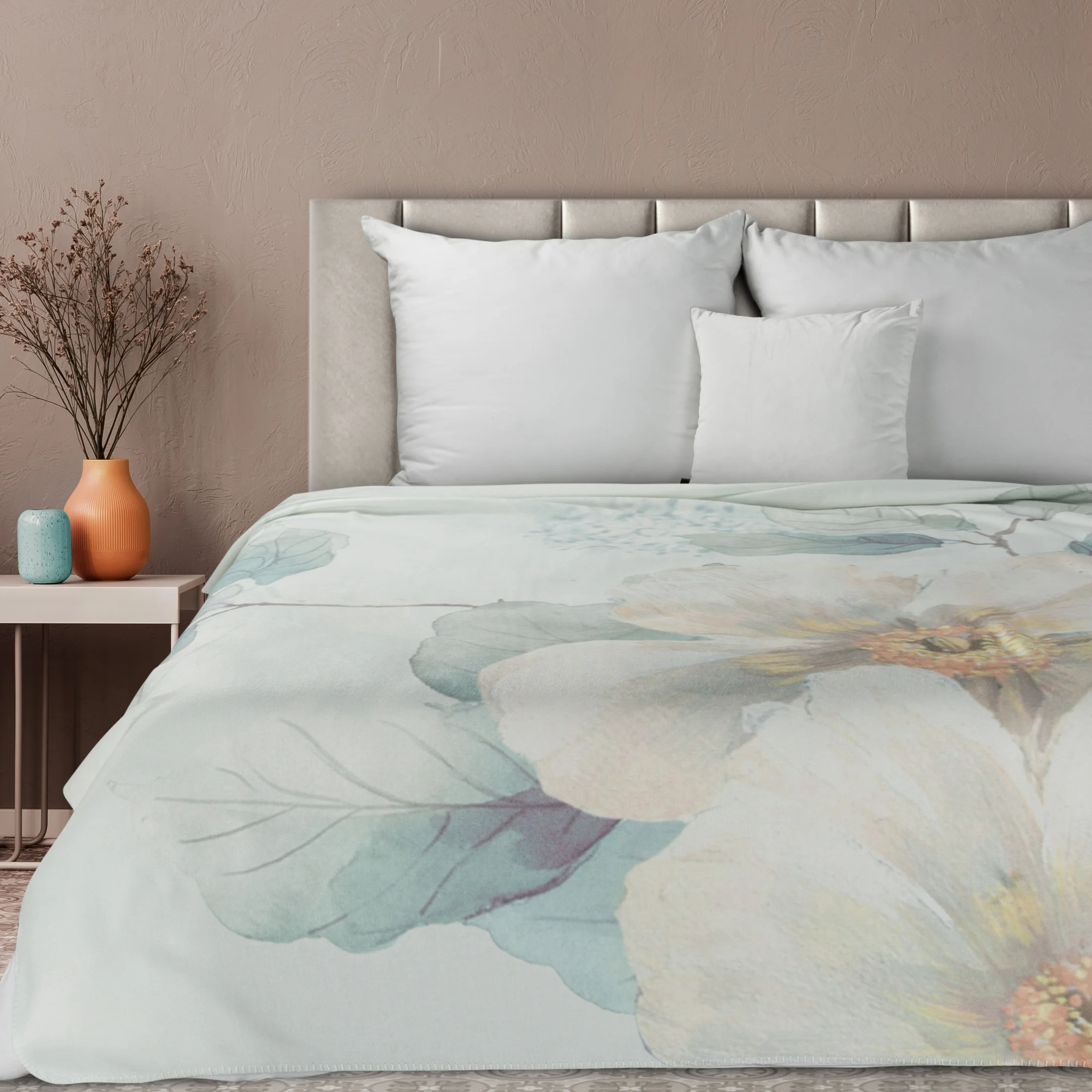 Koc akrylowy 150x200 cm miętowo, kremowy z nadrukiem wiosennych kwiatów ALINE Eurofirany Premium | eurofirany