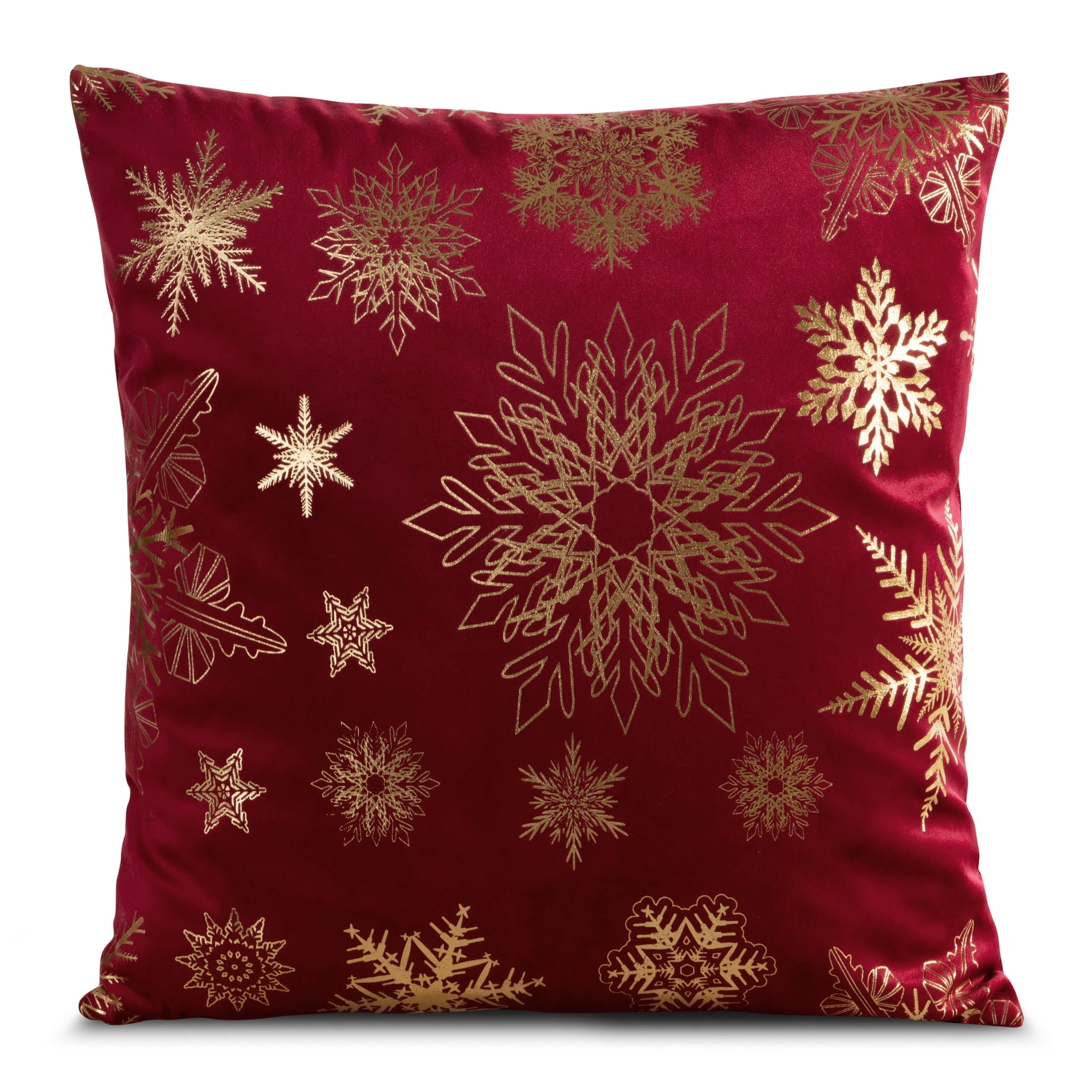 Poszewka na poduszkę świąteczna 45x45 cm welwetowa czerwono, szampańska zdobiona nadrukiem śnieżynek | eurofirany