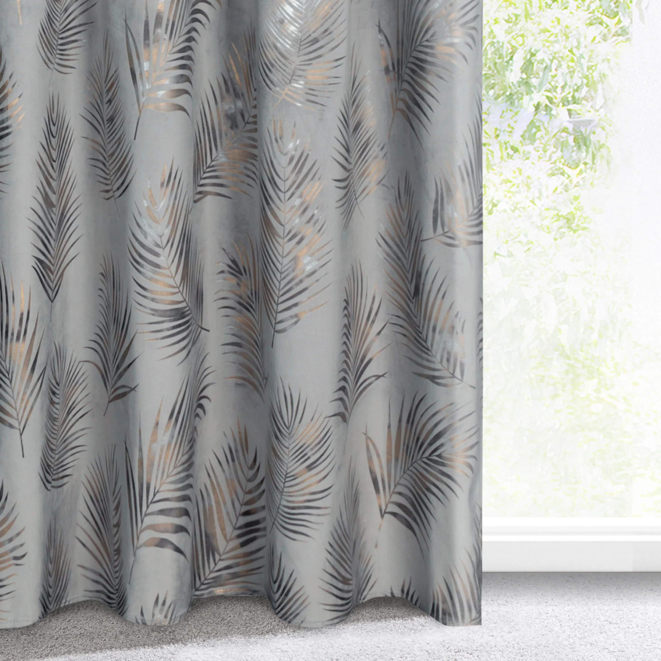 Zasłona welwetowa stalowo, szampańska z błyszczącym nadrukiem palmowych liści 140x300 cm taśma - GLORIA | eurofirany