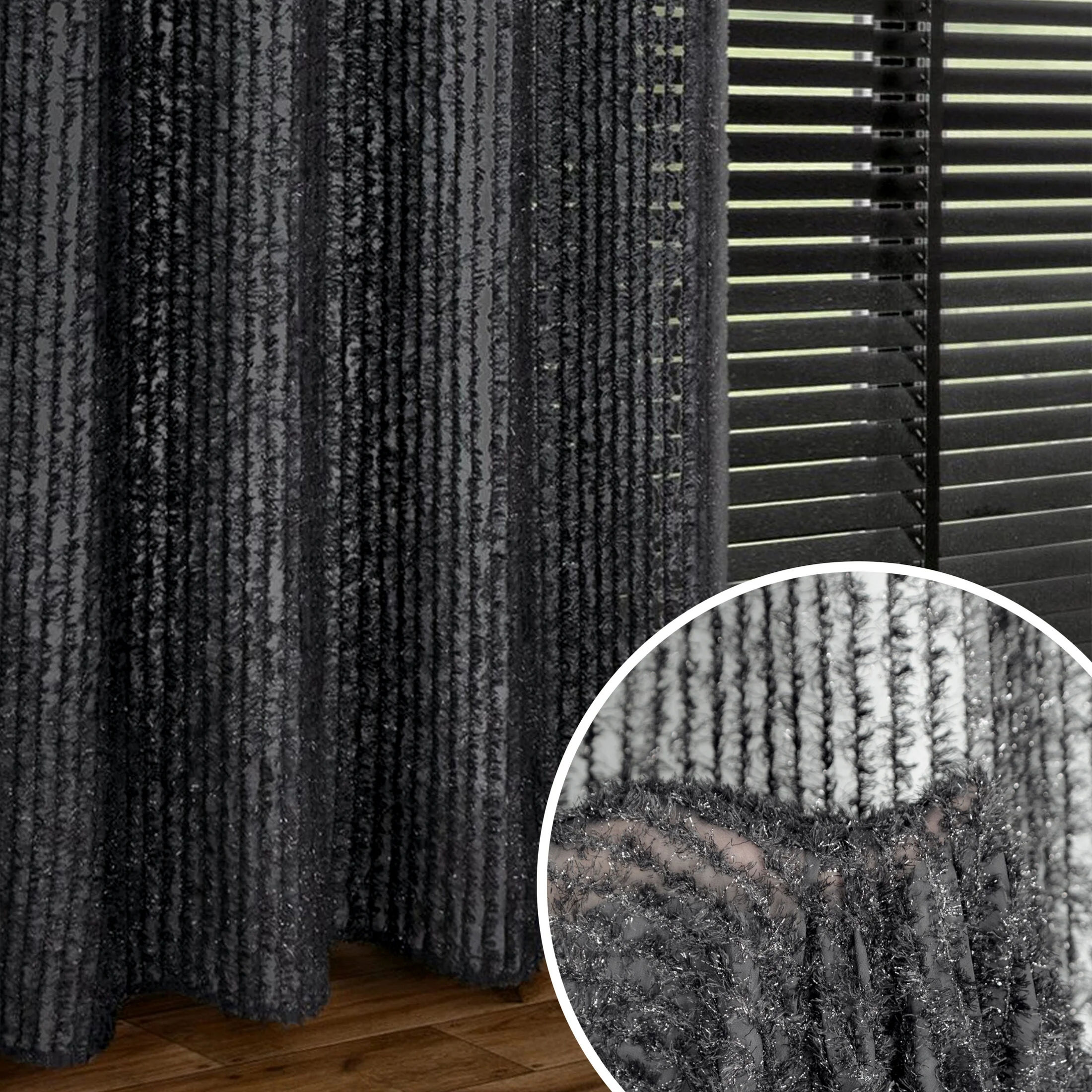 Zasłona czarna zdobiona moherową nicią z tkaniny szyfonowej 135x250 cm przelotka - SELMA - Eva Mingę