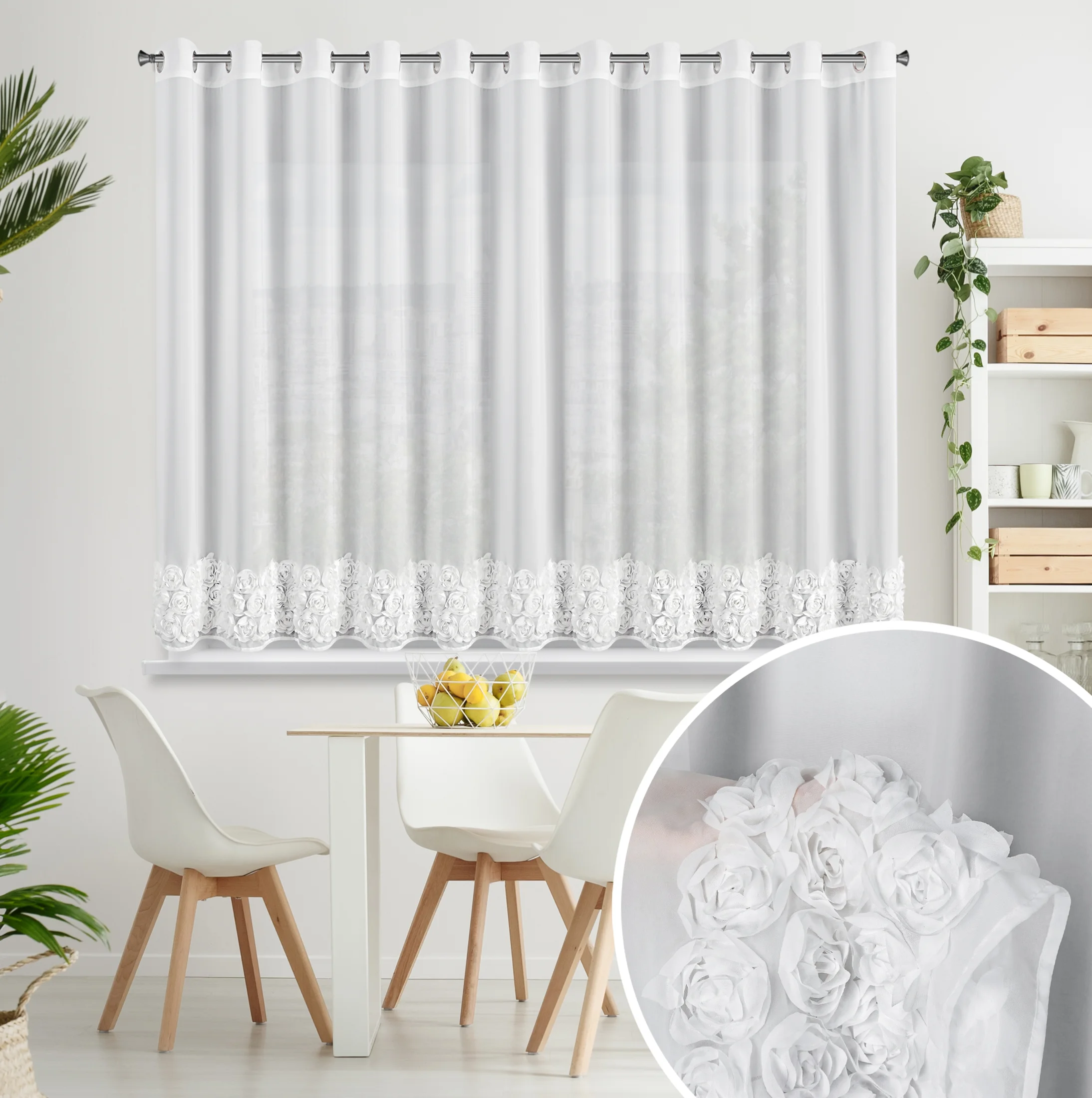 Firana biała z szyfonu zdobiona aplikacją 3D w róże 400x160 cm przelotka - ROSES - Eva Minge | eurofirany