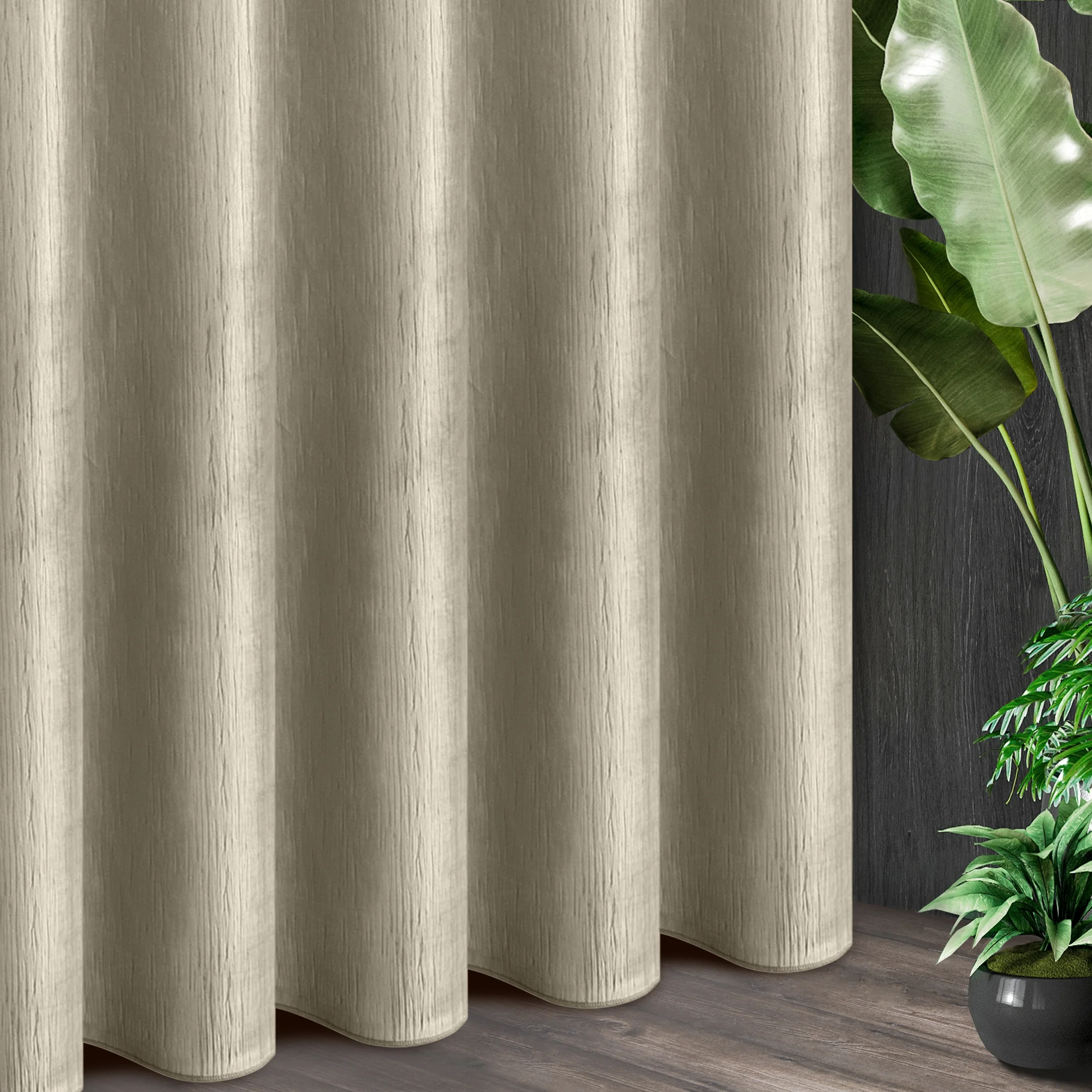 Tkanina zasłonowa welwetowa, gruba, miękka w dotyku, w pionowe prążki