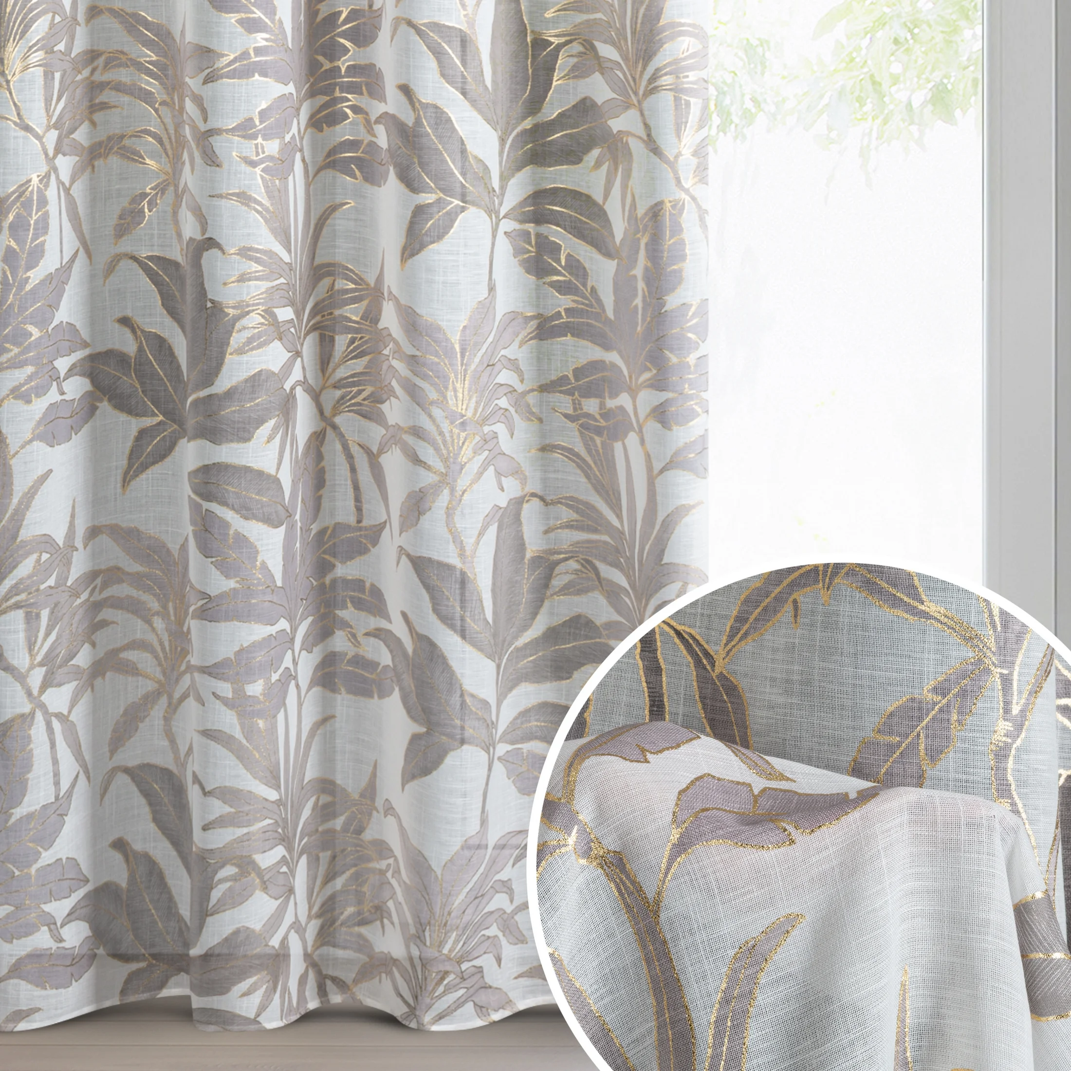 Zasłona biała z półprzeźroczystej tkaniny zdobiona błyszczącym nadrukiem 135x250 cm złota przelotka - ANELI | eurofirany